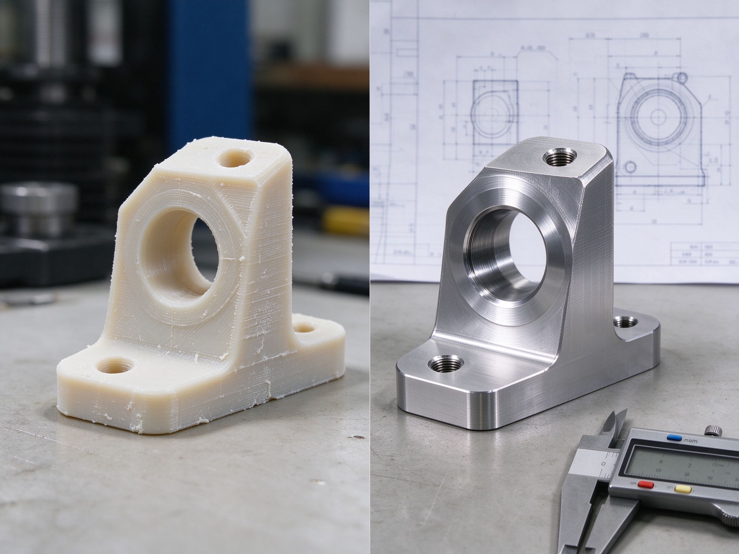 3D printed part before and CNC finished part after hybrid manufacturing