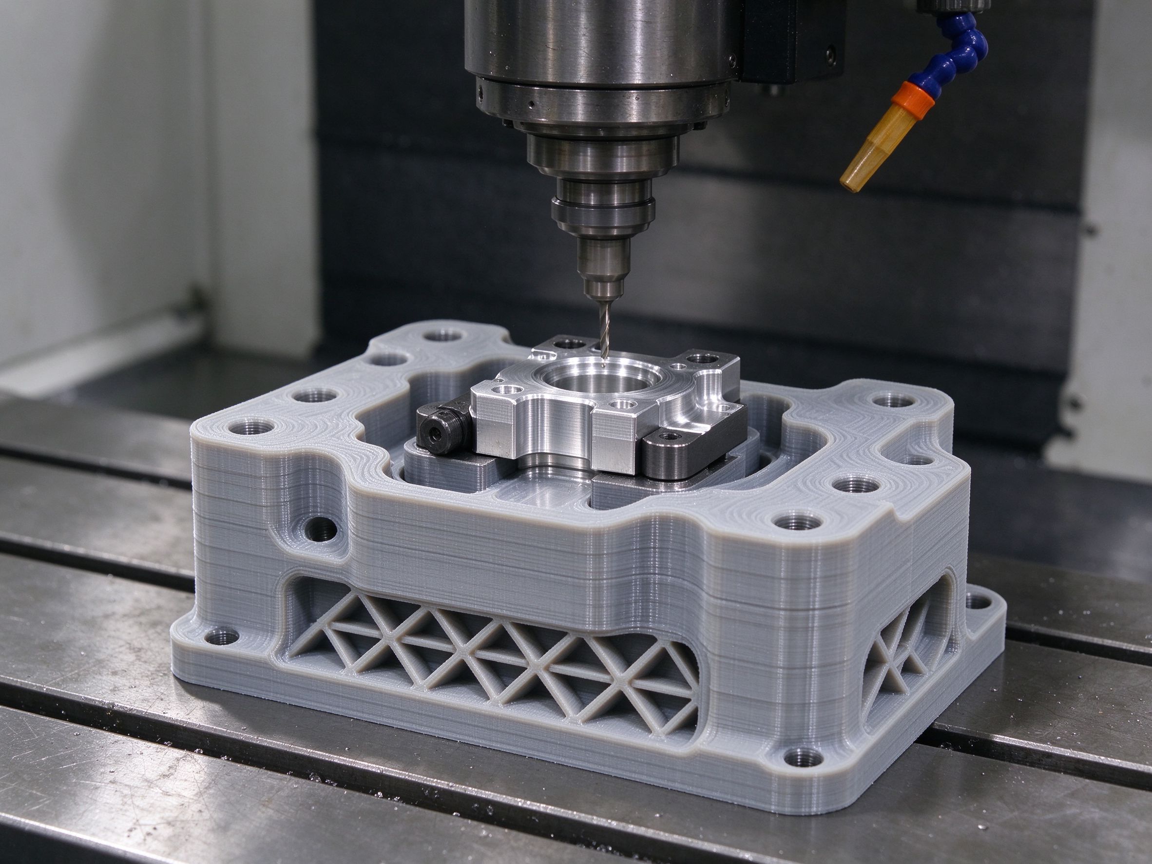 3D printed contoured fixture holding a part during CNC machining