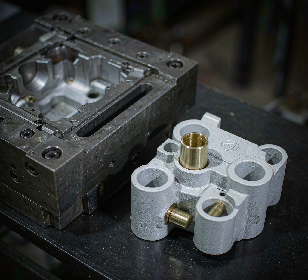 Insert-molded plastic part with brass inserts beside an injection mold half on a workshop workbench