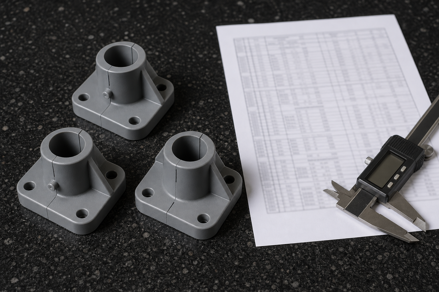 Three injection moulded plastic parts, a printed dimensional inspection report and a digital caliper on a granite surface plate