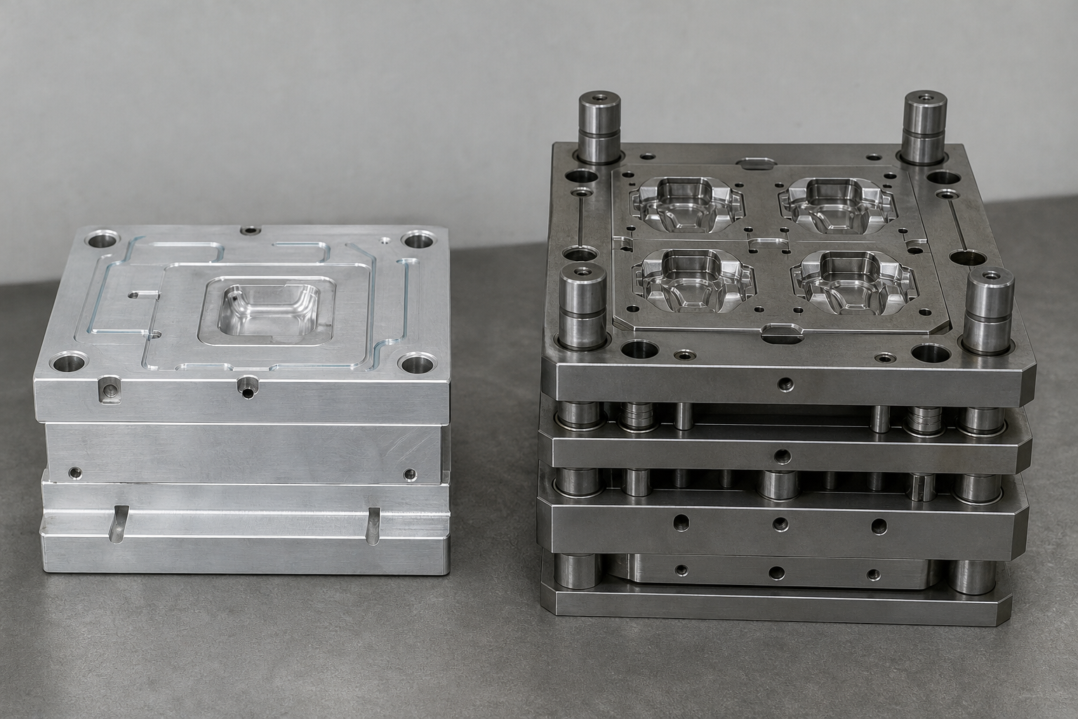 A lighter single-cavity aluminium bridge tool beside a darker multi-cavity steel production mold with guide pillars