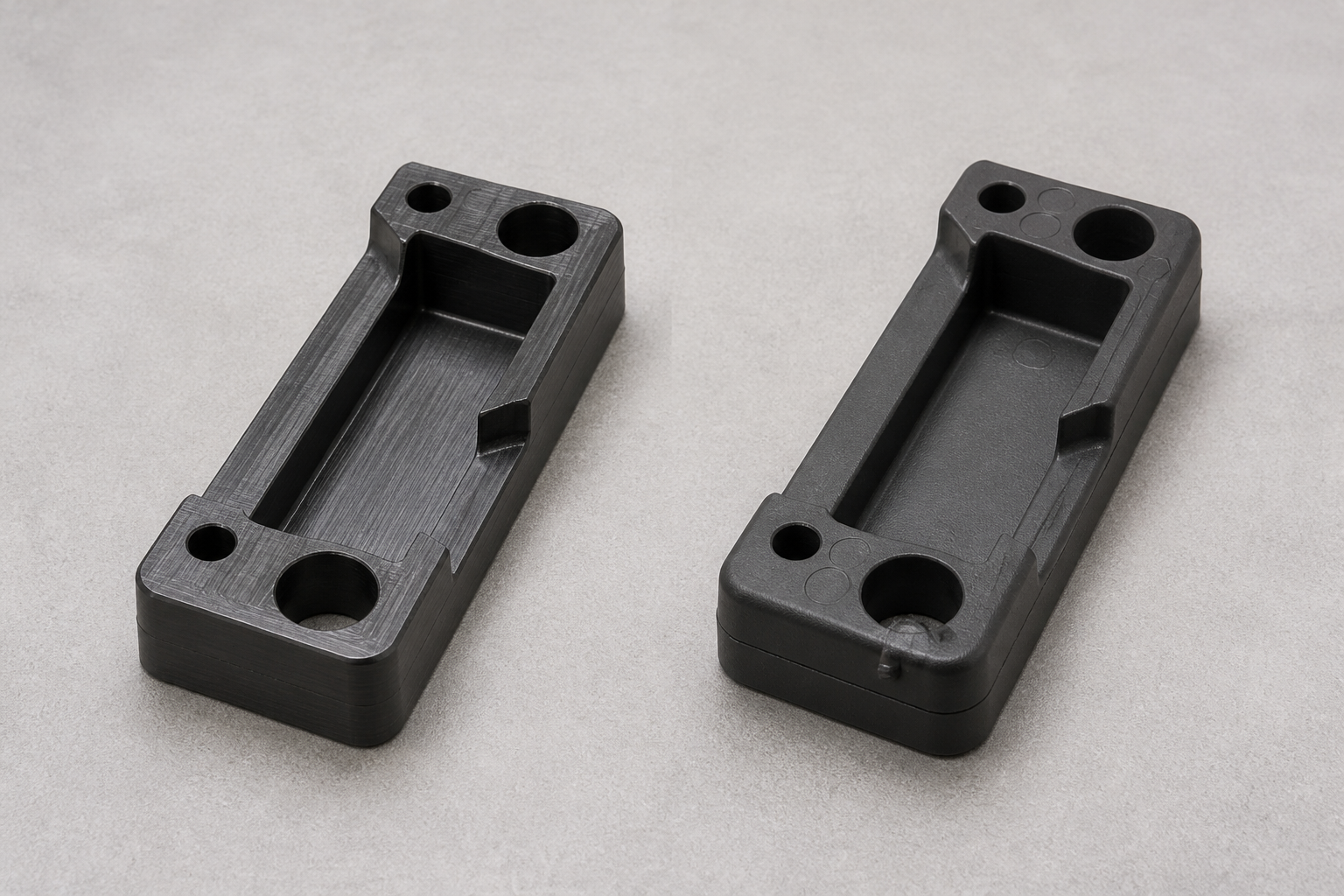 The same plastic part shown as a CNC-machined version with visible tool marks beside the injection moulded version with gate and parting-line witness marks
