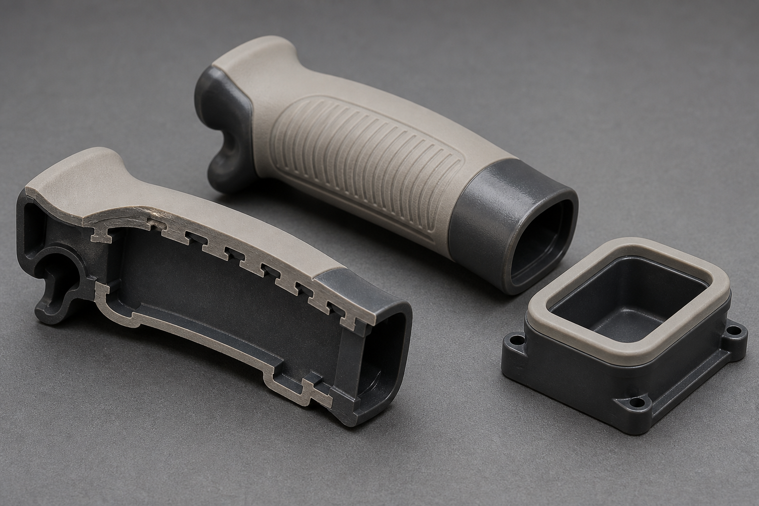 A sectioned tool grip showing mechanical interlock tongues between a rigid substrate core and the soft TPE overmold layer, beside an intact overmolded grip and a gasket overmolded enclosure