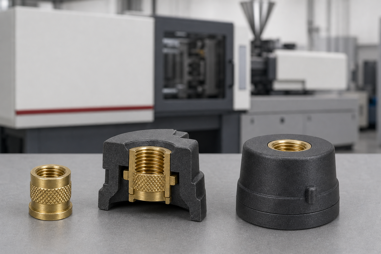 A sectioned plastic housing showing a brass threaded insert encapsulated by the polymer, beside an unmolded brass insert and the finished housing
