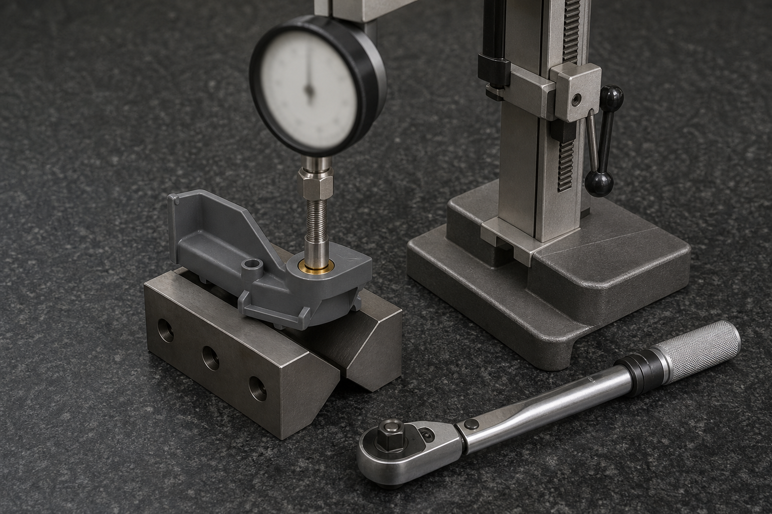 A molded plastic part containing a brass threaded insert held in a vee-block fixture with a threaded test stud engaged and a dial gauge above, alongside a torque wrench