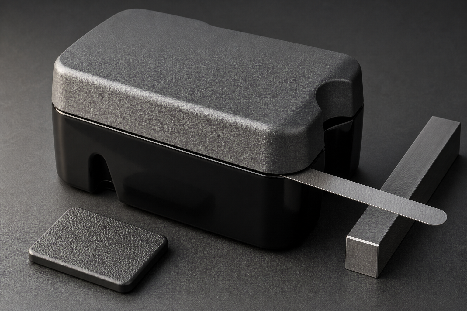 Two engaged thin-wall housing halves with a steel feeler gauge inserted at the mating seam and a texture reference plaque beside them, showing a fine matte moulded surface against a gloss area