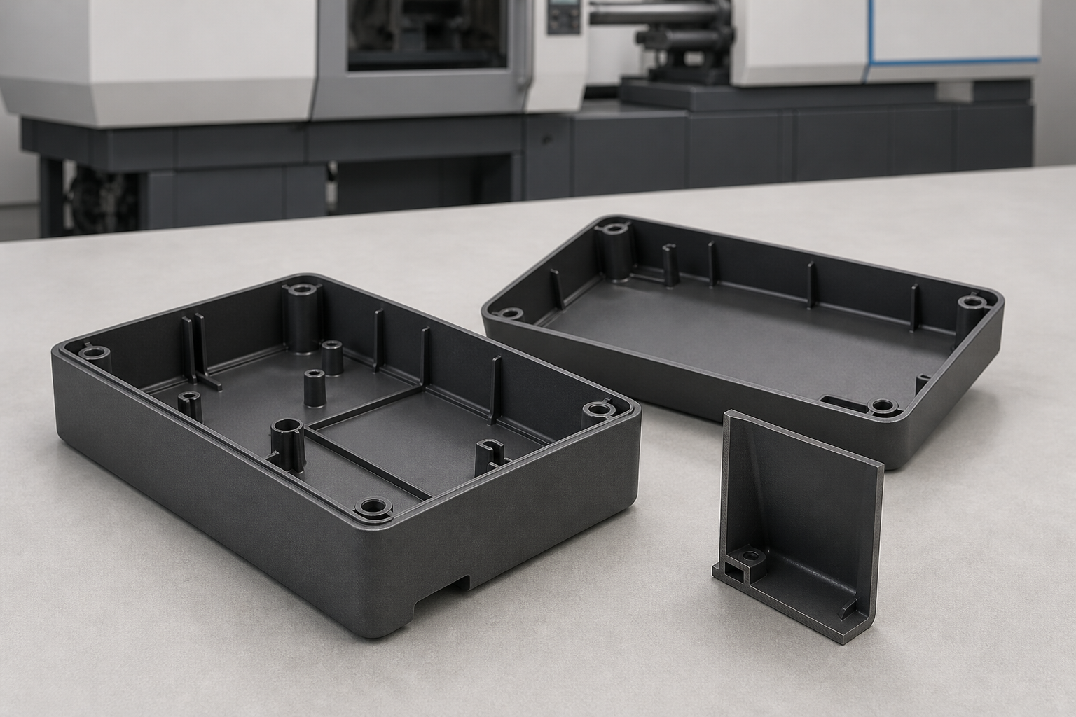 Two mating halves of a thin-wall moulded plastic housing with moulded texture on the outer faces and ribs and screw bosses on the inner faces, alongside a cut-away section showing the wall thickness