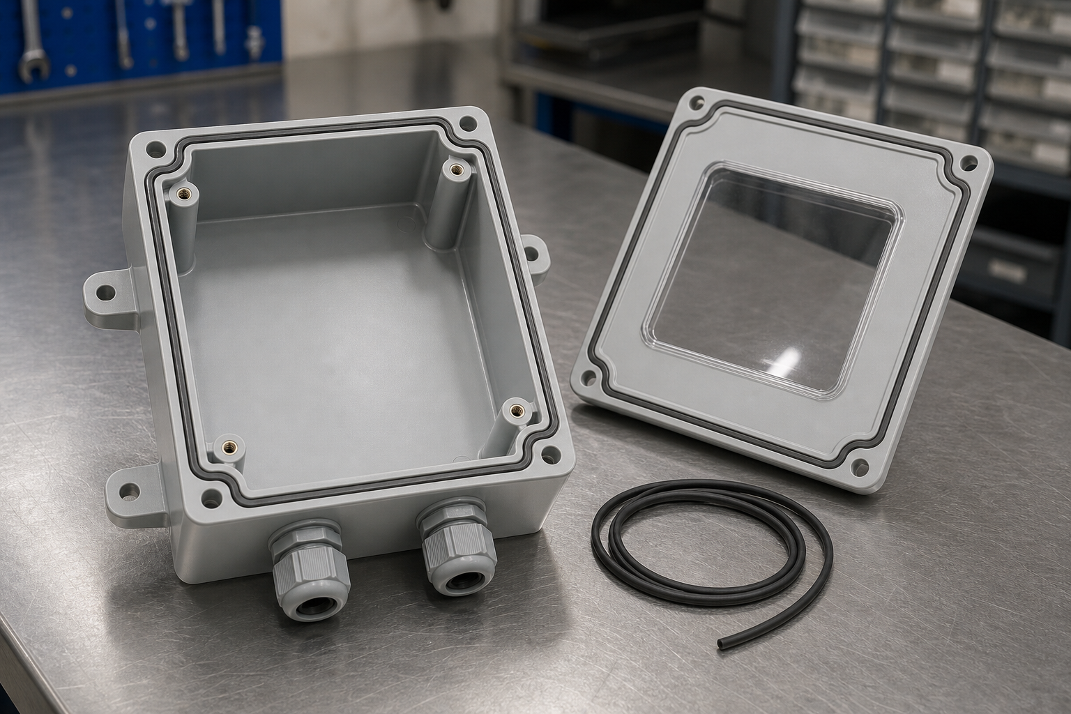 Moulded industrial control enclosure with the lid removed, showing a continuous gasket groove, corner screw bosses, mounting lugs and two cable glands