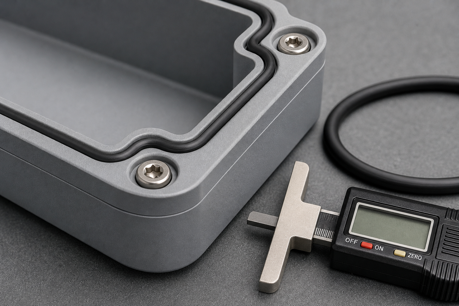 Close-up of a moulded enclosure sealing flange with a gasket groove, a seated rubber seal and recessed screw bosses