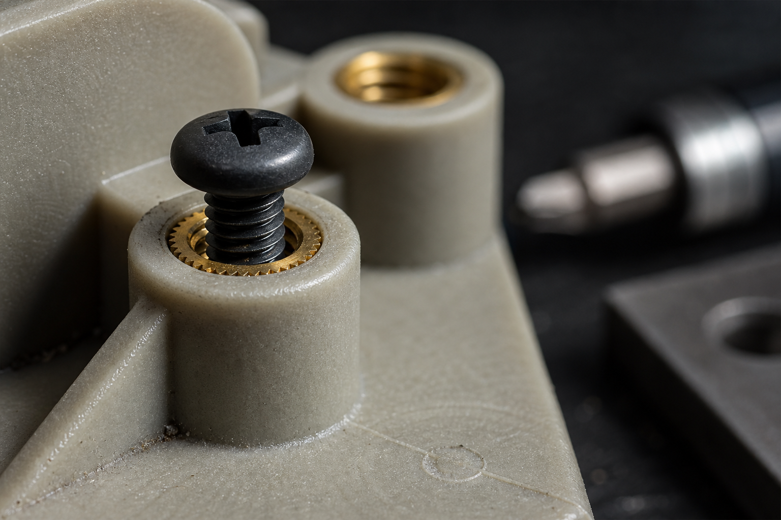 Macro view of a moulded boss on a glass-fibre reinforced polyamide industrial bracket, with a knurled brass threaded insert and a black oxide steel screw partly driven, a parting line and gate witness visible on the bracket face