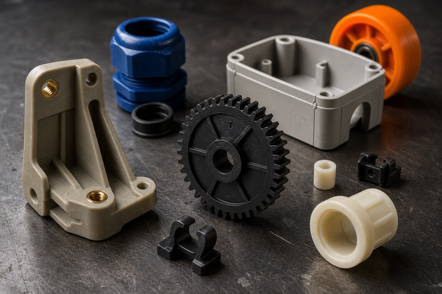 A spread of custom injection molded industrial plastic parts: a glass-fibre reinforced polyamide bracket with brass threaded inserts, a black POM spur gear, a grey equipment housing half, a blue nylon cable gland, natural ivory bushings and an orange roller
