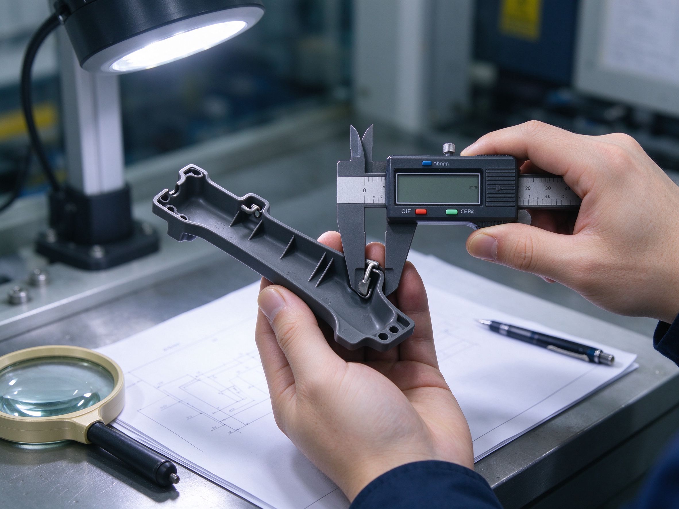 Inspector measuring snap-fit hook and rib roots on a molded bracket