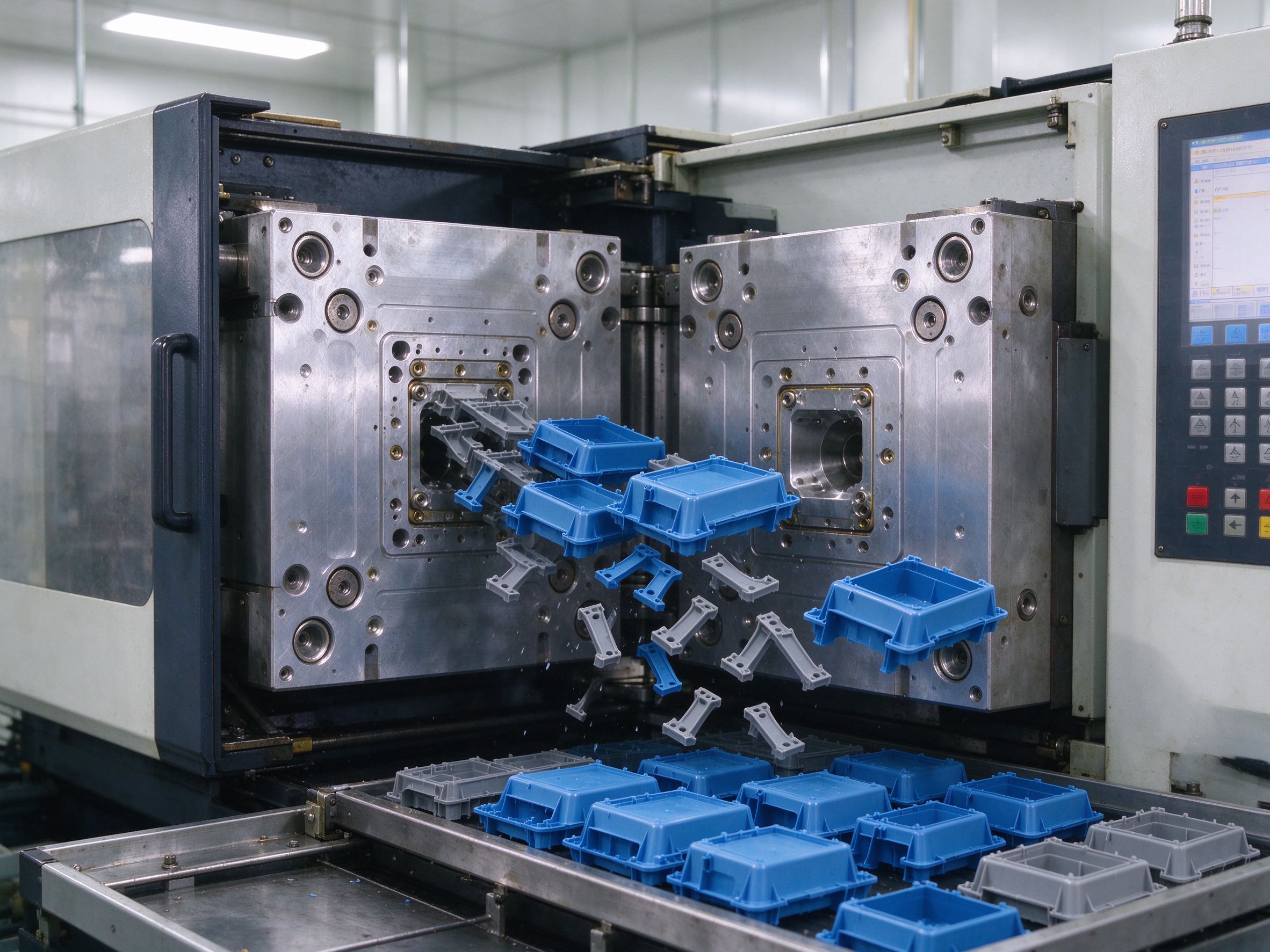 Injection mold open with blue and gray housings ejected from the machine