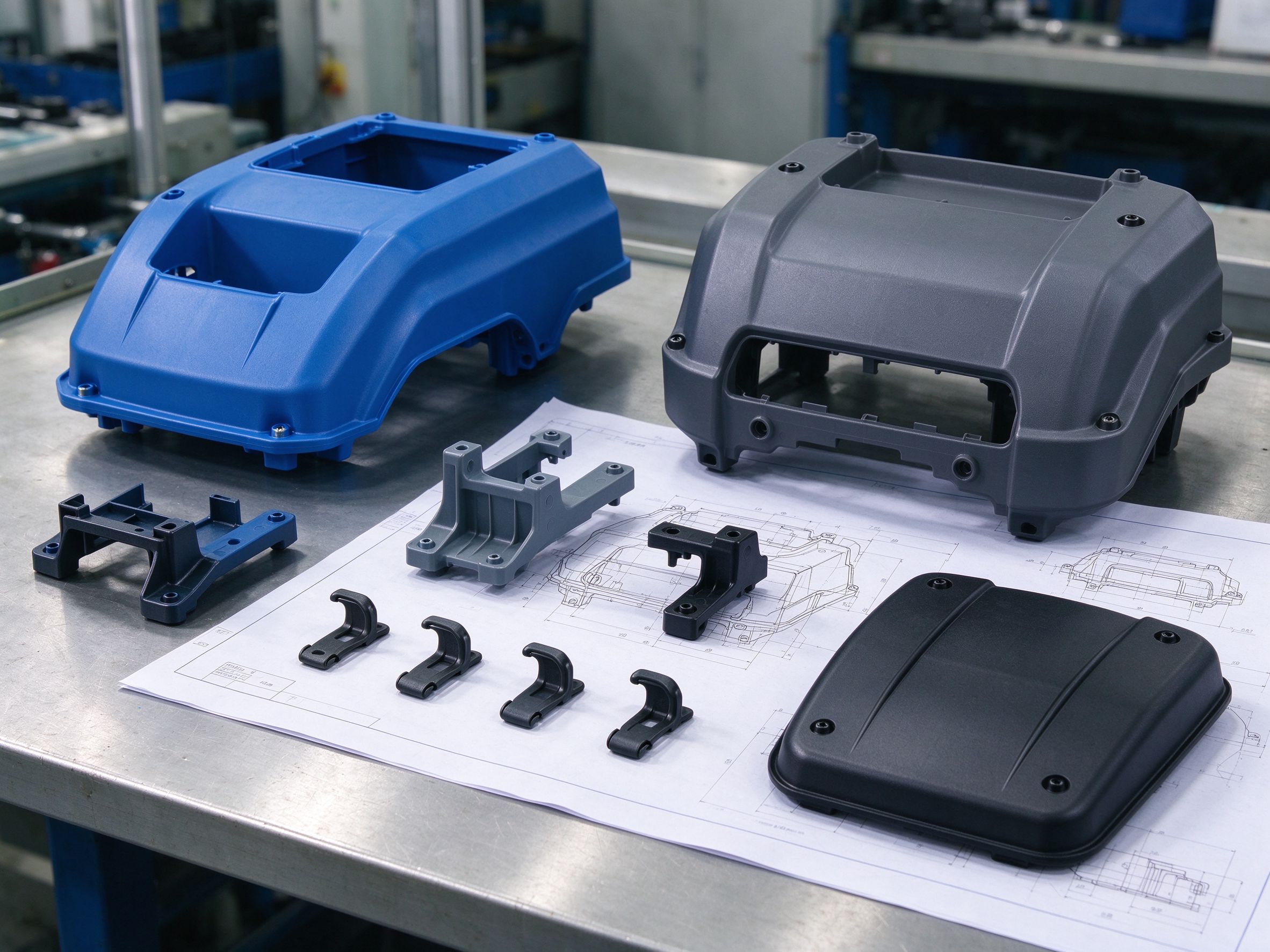 Injection-molded equipment housings, brackets, snap clips and covers with ribs and rounded bosses