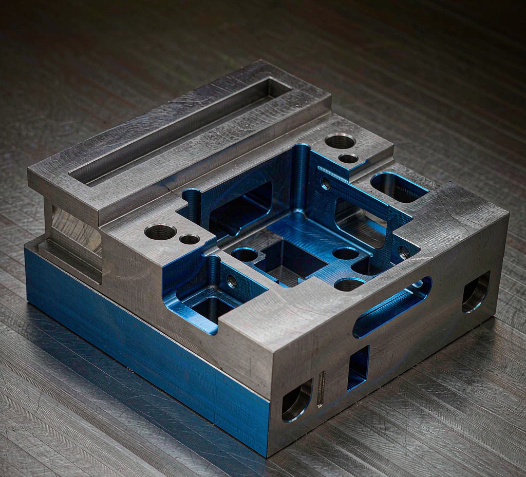 Large custom CNC-machined metal base plate with precision milled pockets and locating holes on a factory machining table