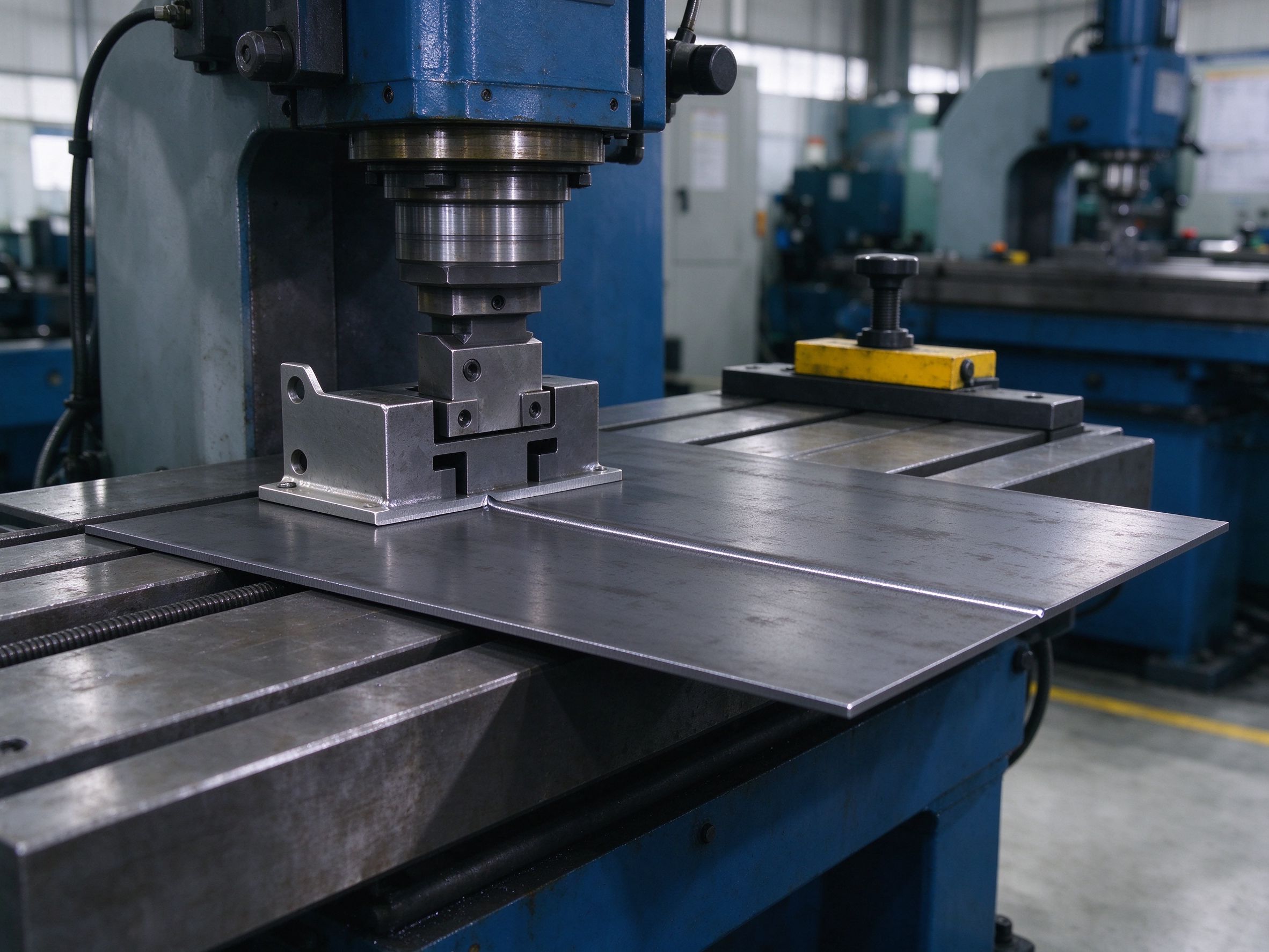 CNC press brake forming a steel sheet into a bracket on the shop floor, die and backing gauge visible