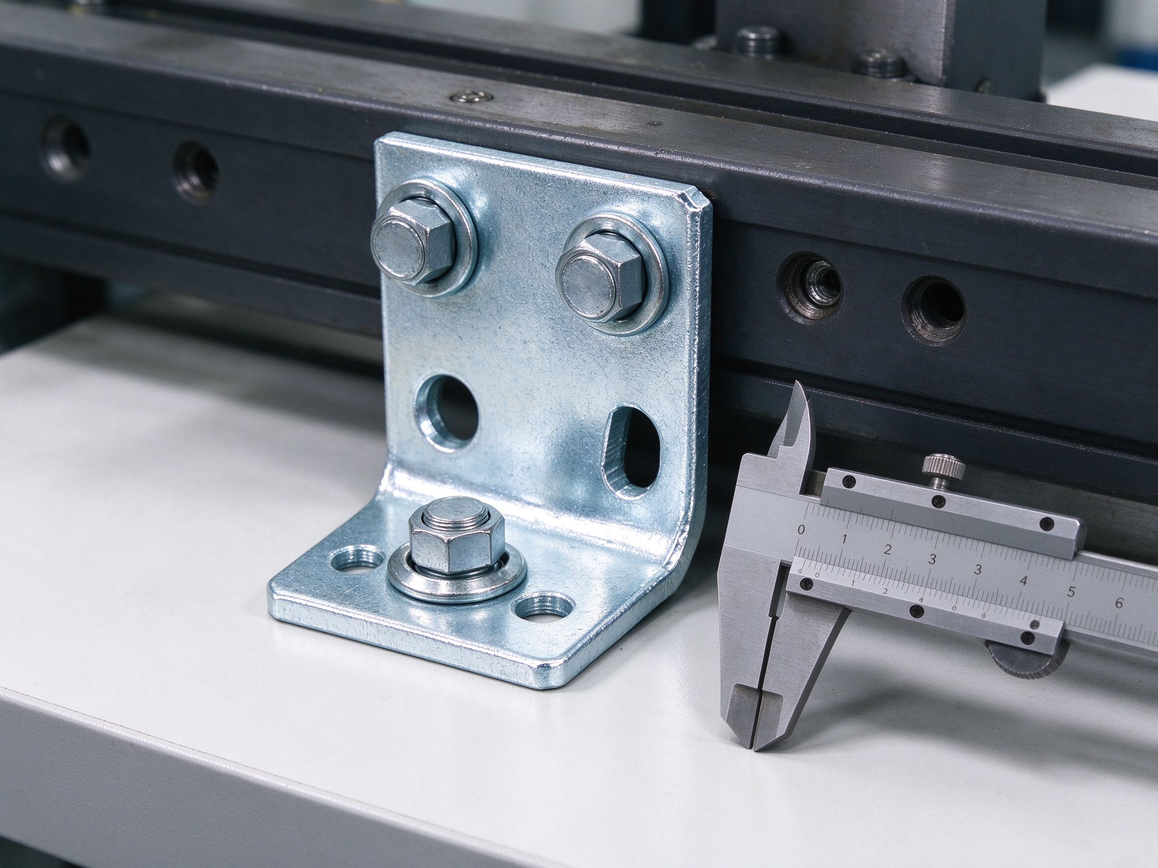 Zinc-plated L mounting bracket fastened to a dark equipment rail with hex bolts and a vernier caliper checking the mounting interface