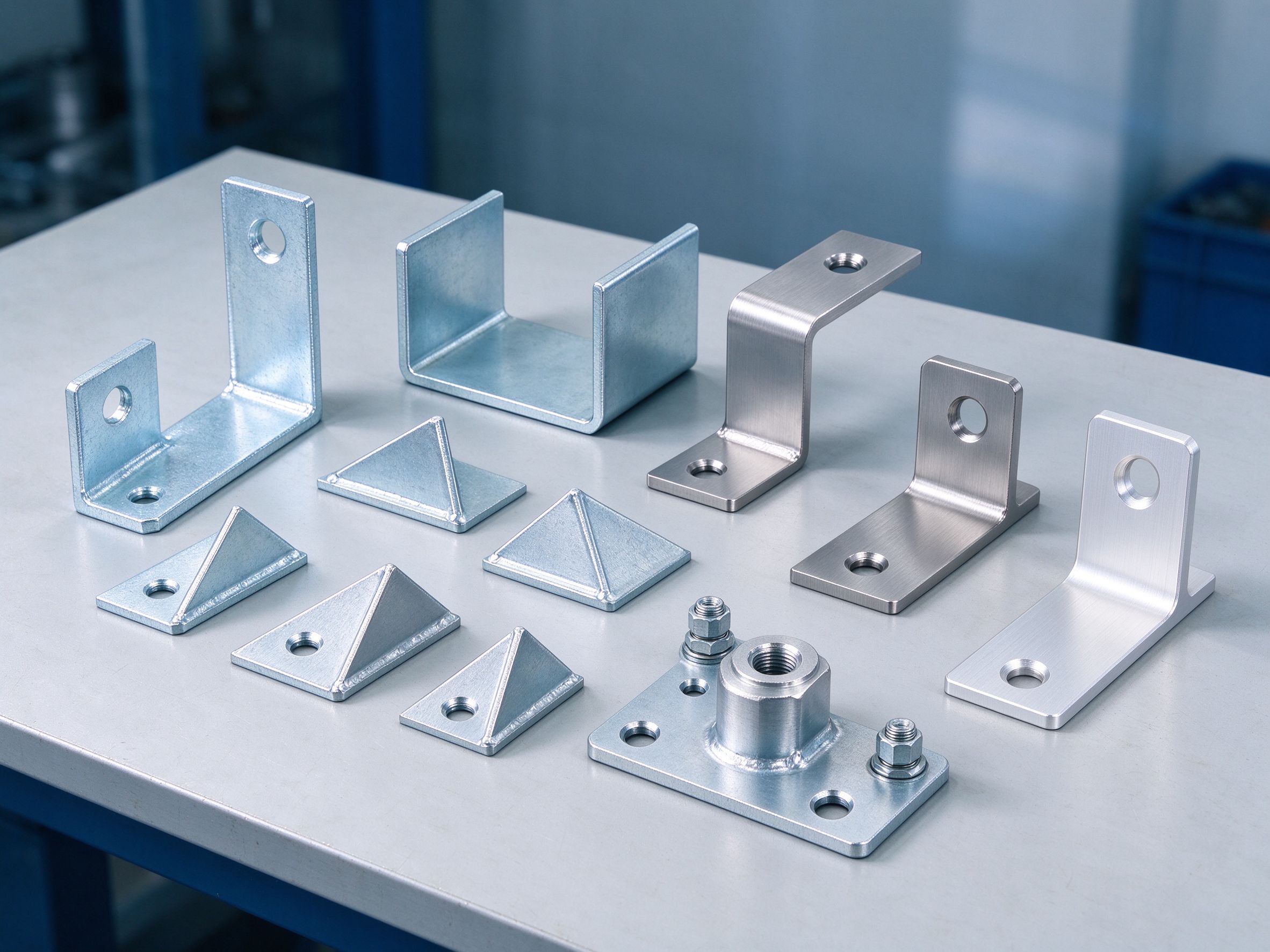 Family of custom fabricated metal brackets: zinc-plated L angle, U channel, Z offset, gusset plates, adapter plate with inserts and stainless and aluminum samples