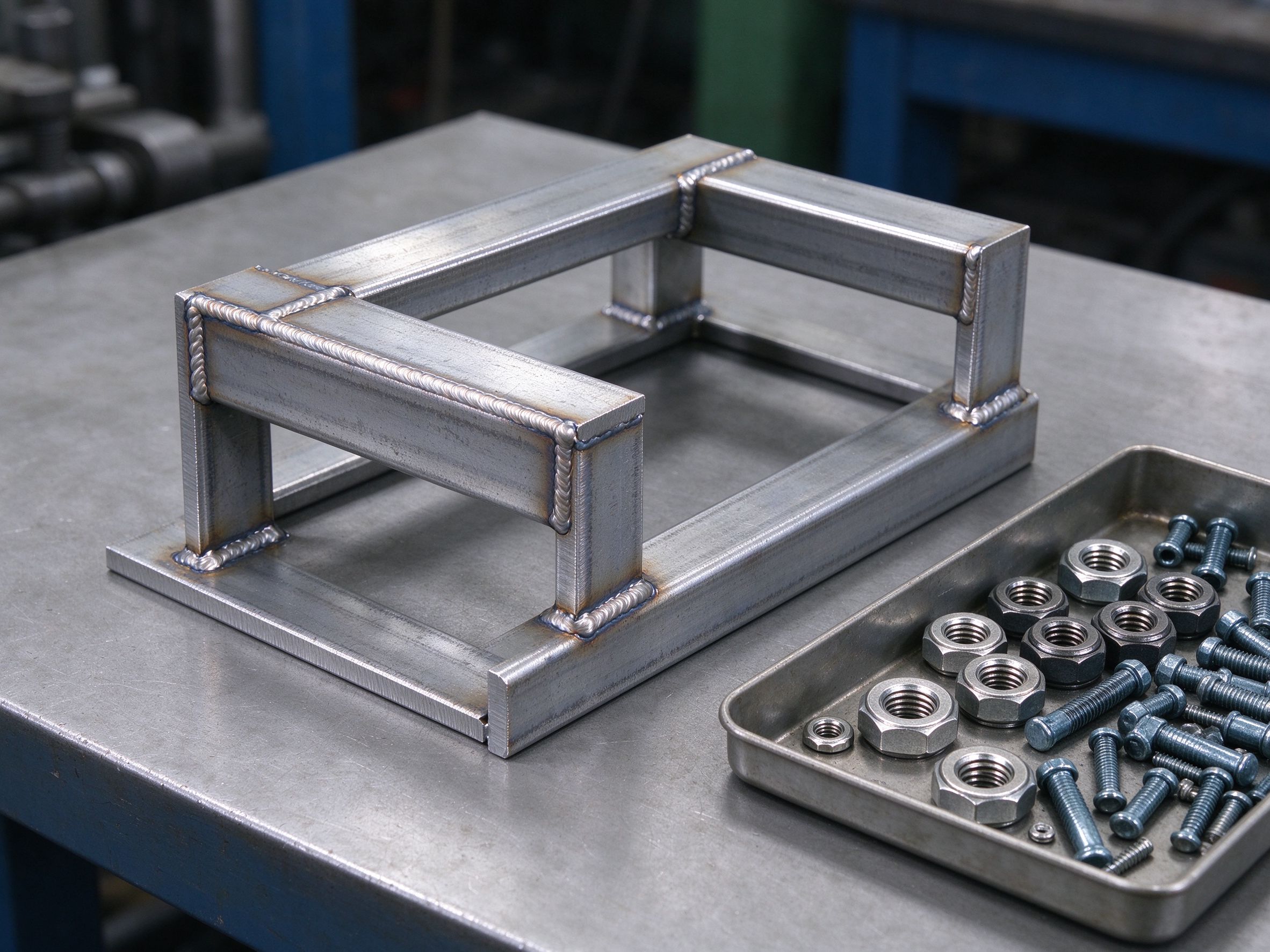 Small welded steel support frame beside a tray of nuts, rivets and bolts on the inspection table