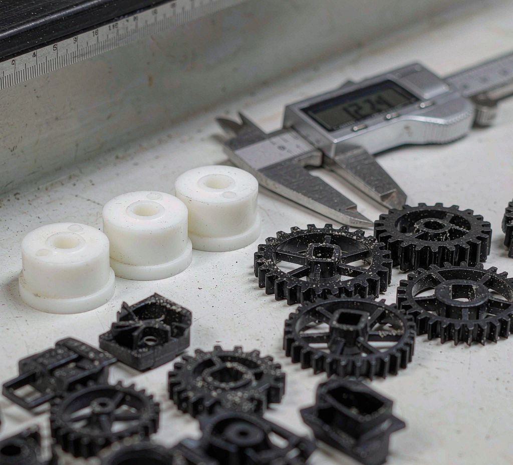Miniature precision molded plastic components — tiny gears and small connector parts — on a factory workbench with measurement tools