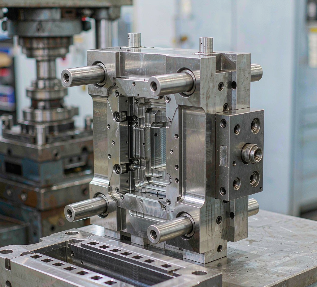 Steel injection mold tool with cavity and core on a workbench in a molding workshop