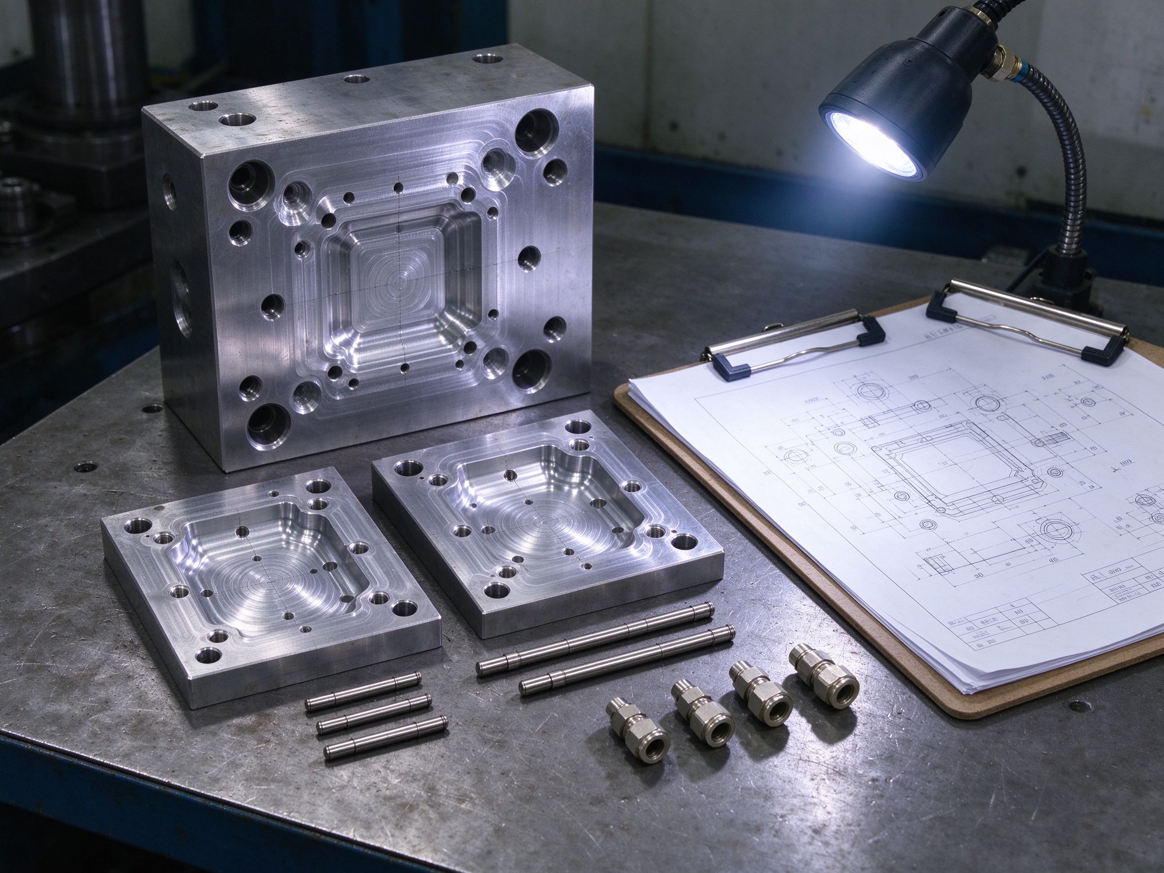 Mold core, cavity inserts, ejector pins and fittings on a workbench