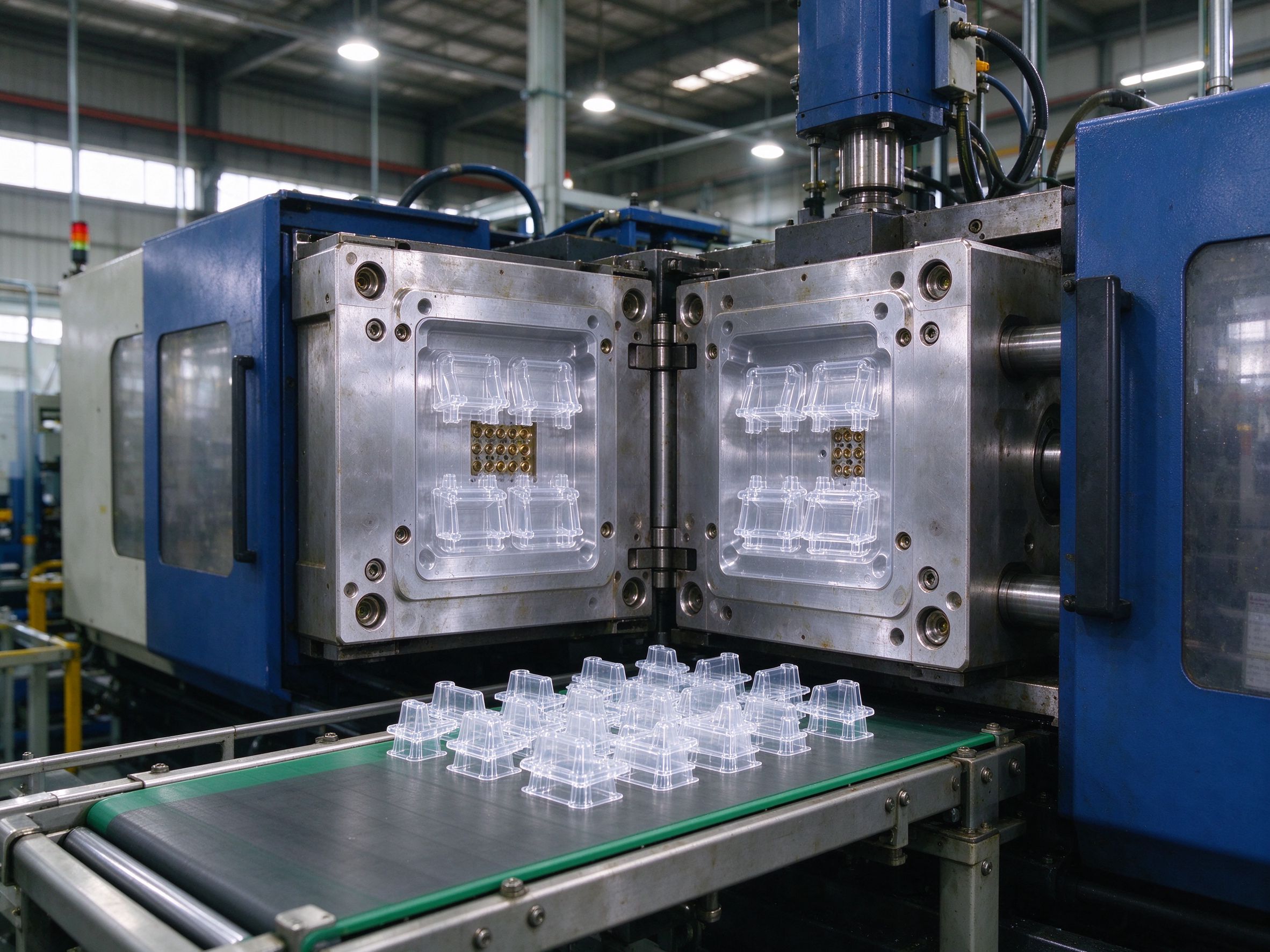 Injection molding machine opening with newly molded parts