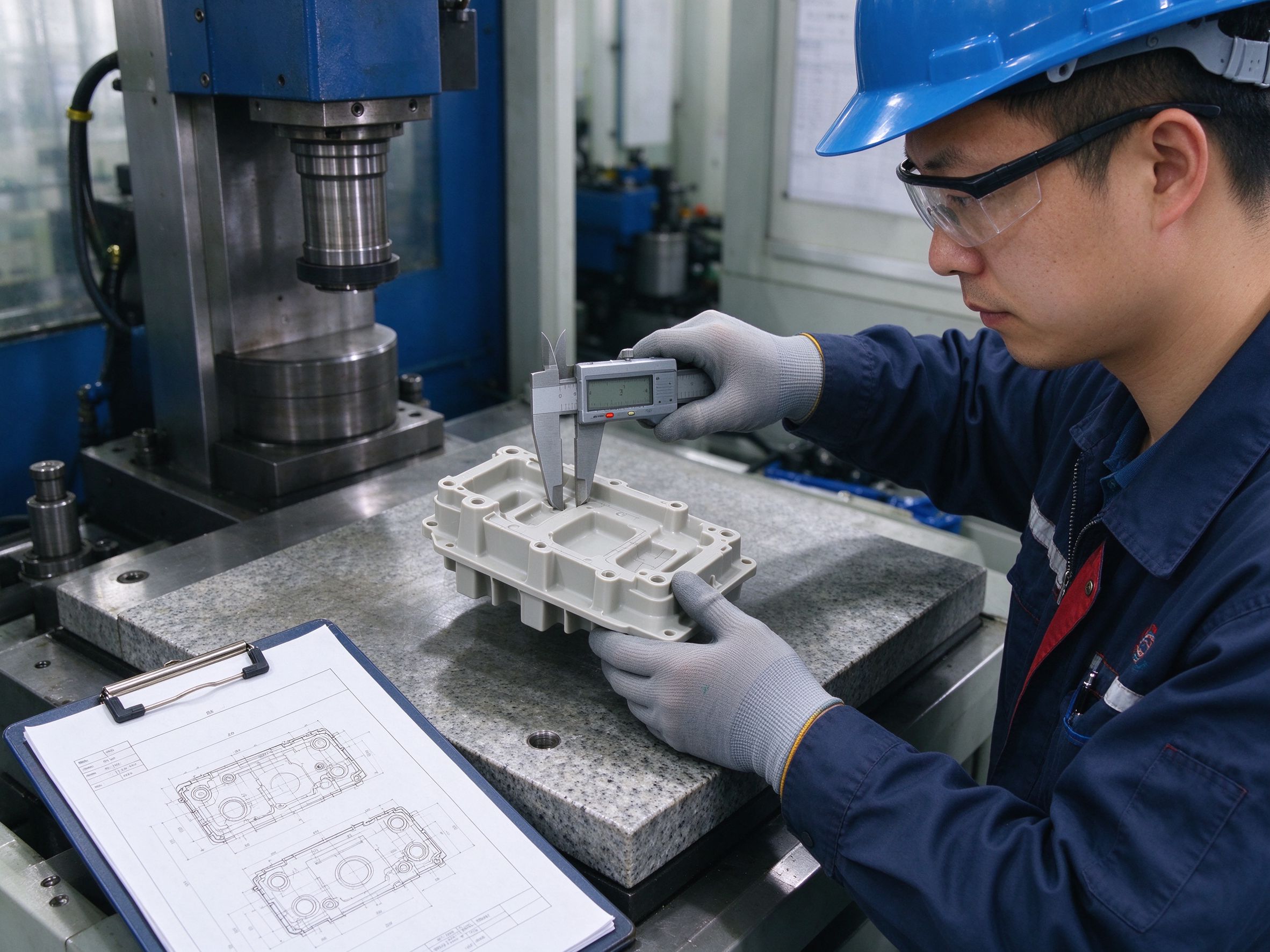 Inspector measuring a molded part against mold drawings
