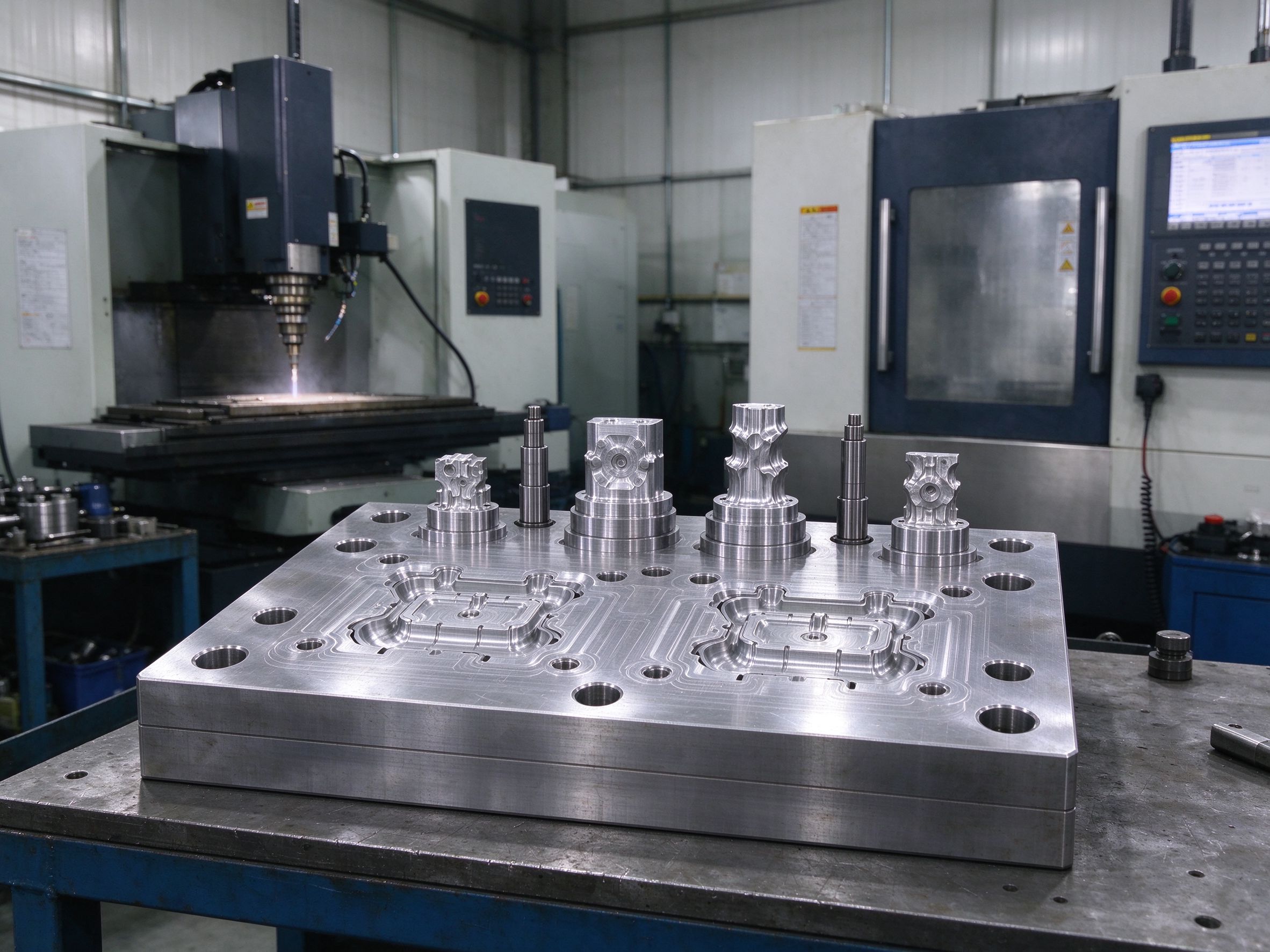 Precision injection mold base with cavities and cores