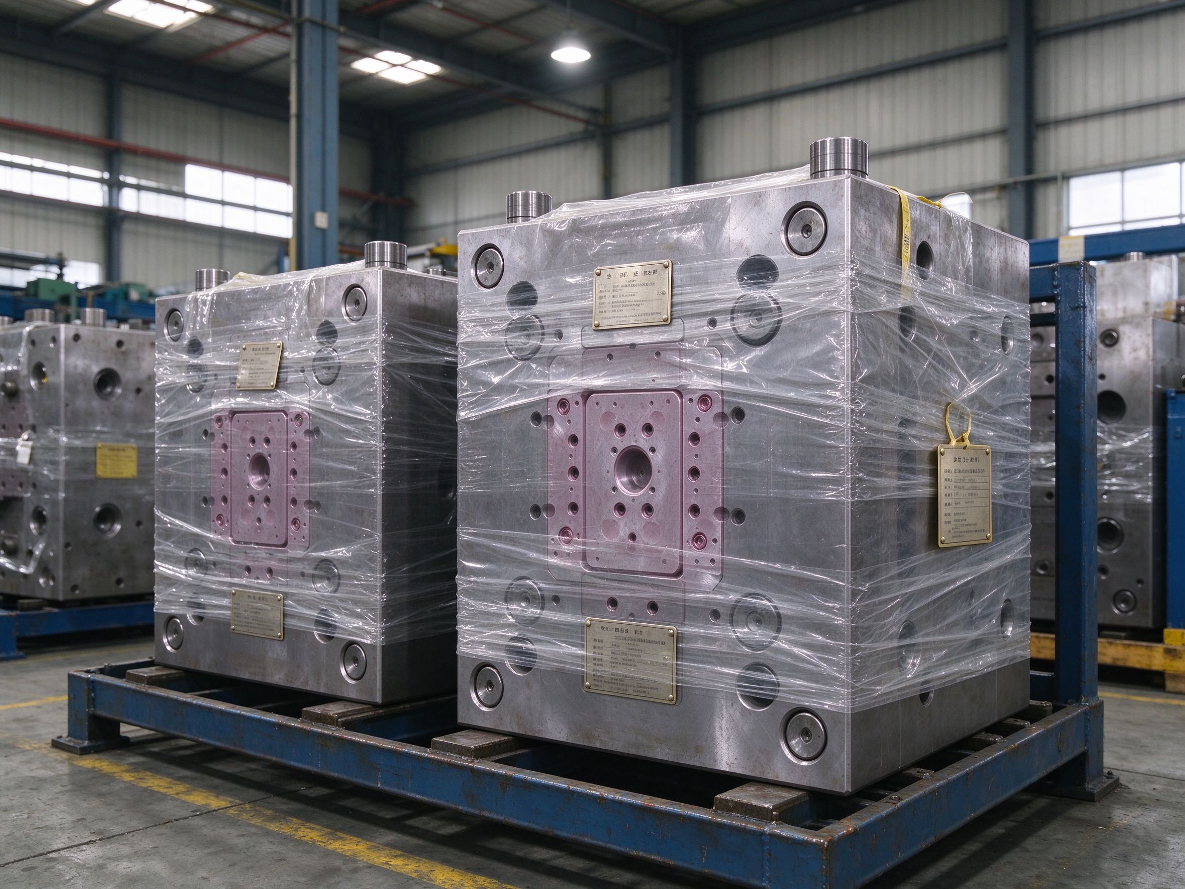 Finished injection molds stored on racks in a clean mold room