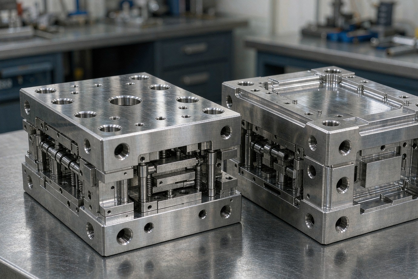 Hardened steel injection mold core and cavity half on a workbench