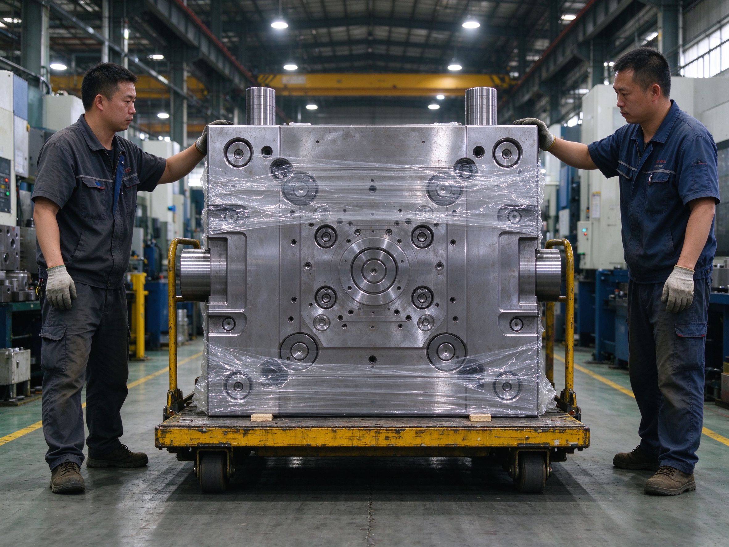 Workers moving a wrapped injection mold on a workshop cart