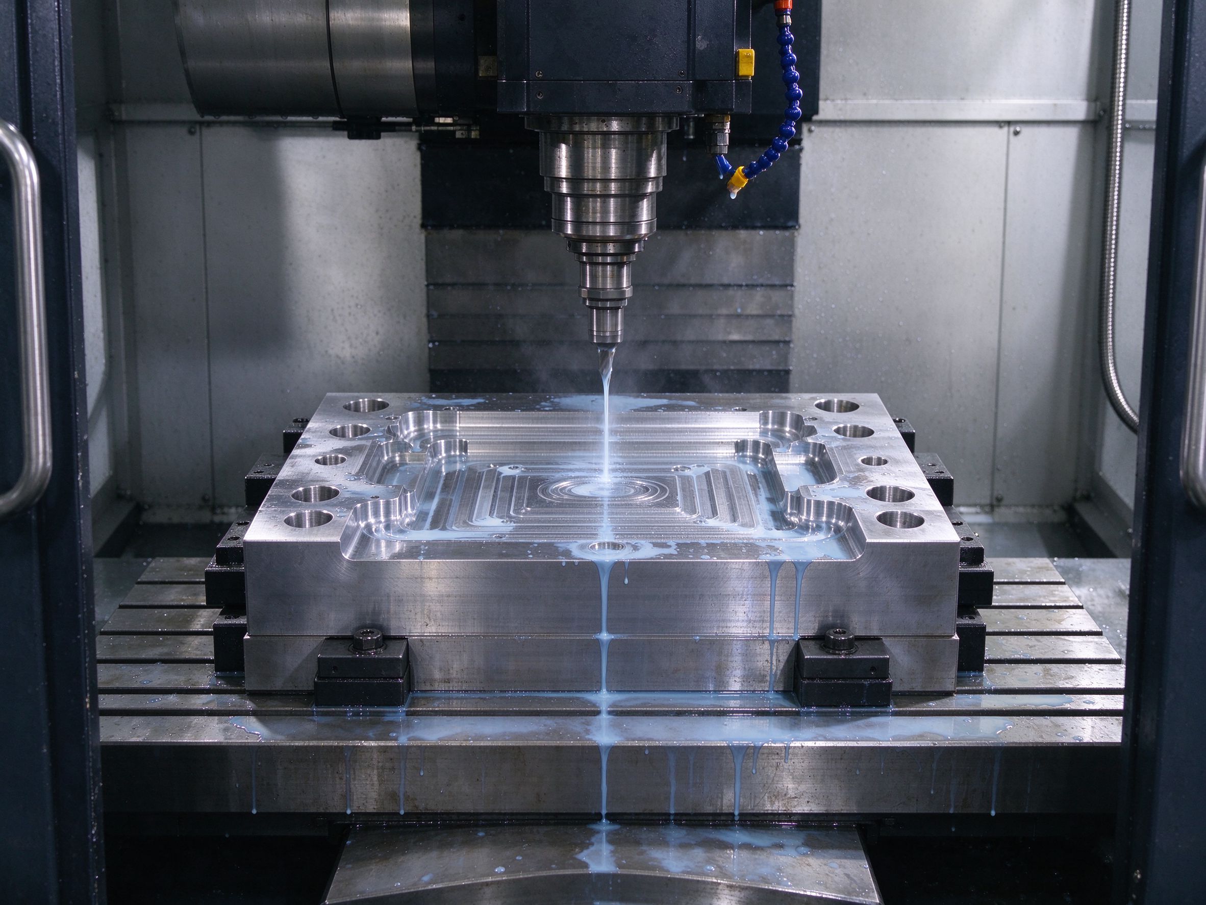 CNC machining center cutting a mold cavity plate
