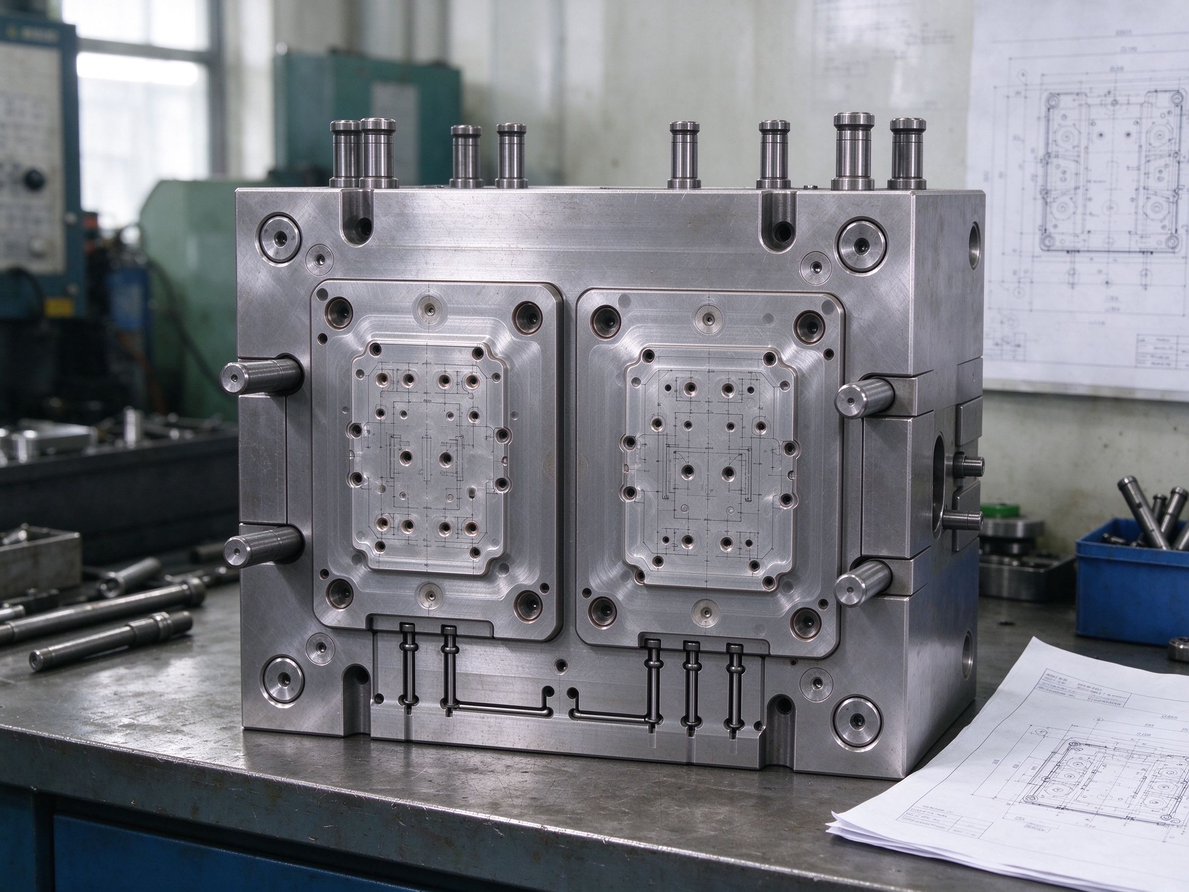 Injection mold assembly with mold base, cavity plates and guide pins