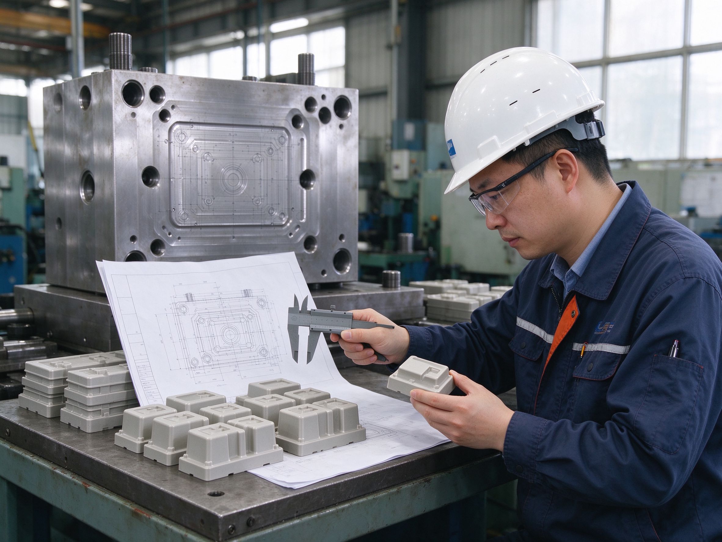 Engineer measuring trial molded parts against the mold drawing