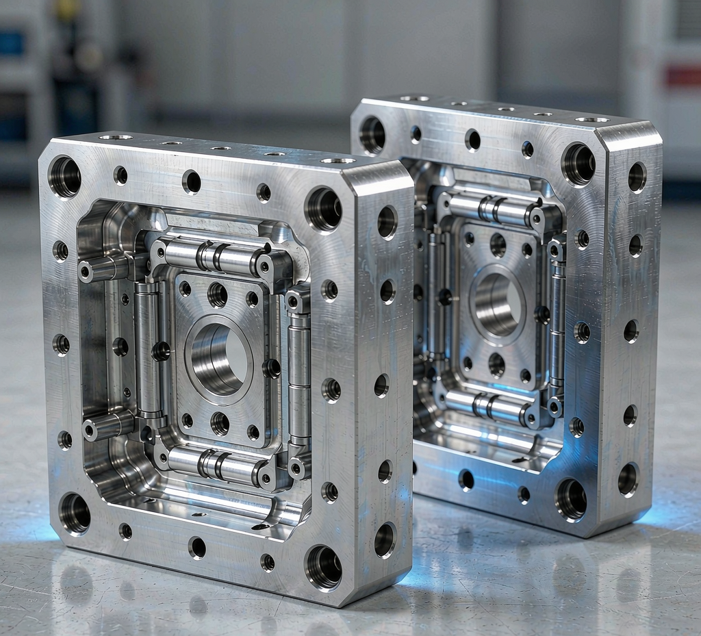 Two polished steel injection mold halves (cavity and core) on a factory floor