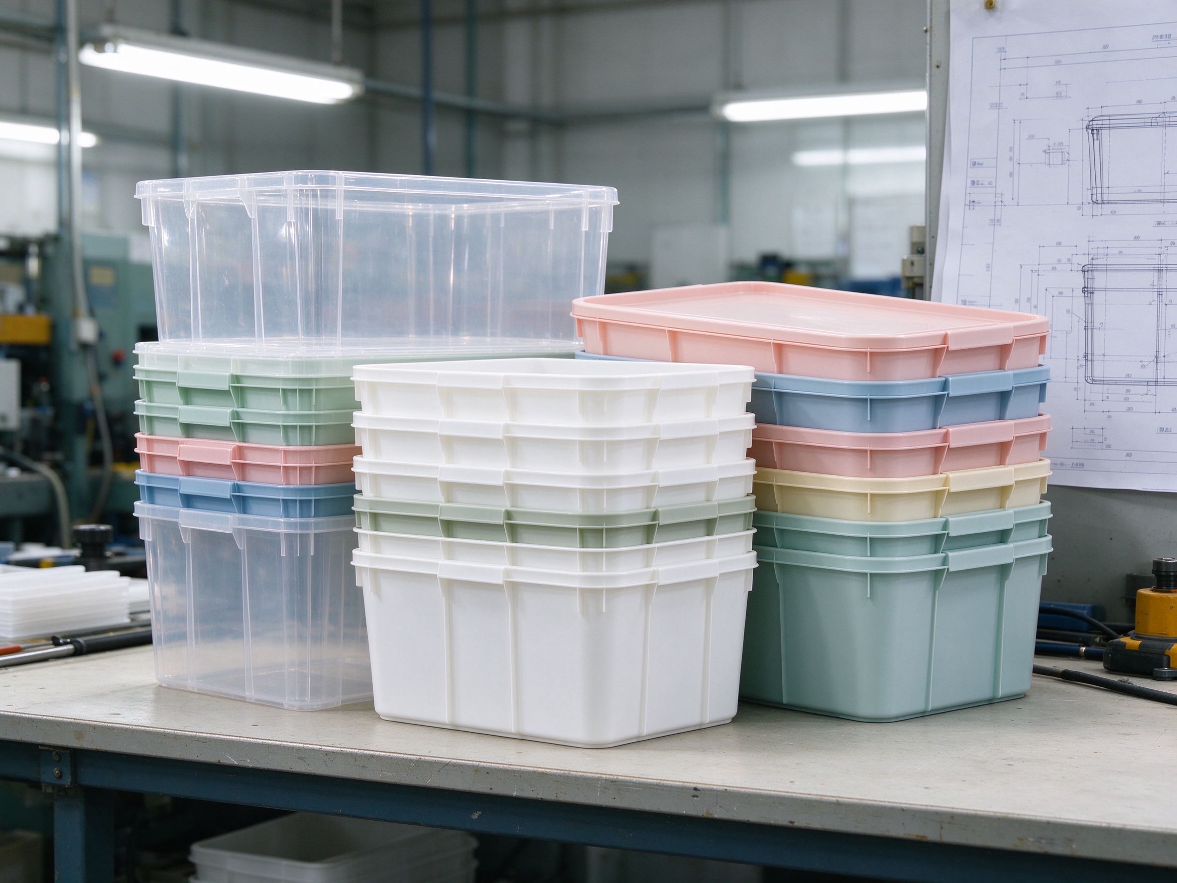Stacked injection-molded storage bins and lids in clear, white and pastel colors