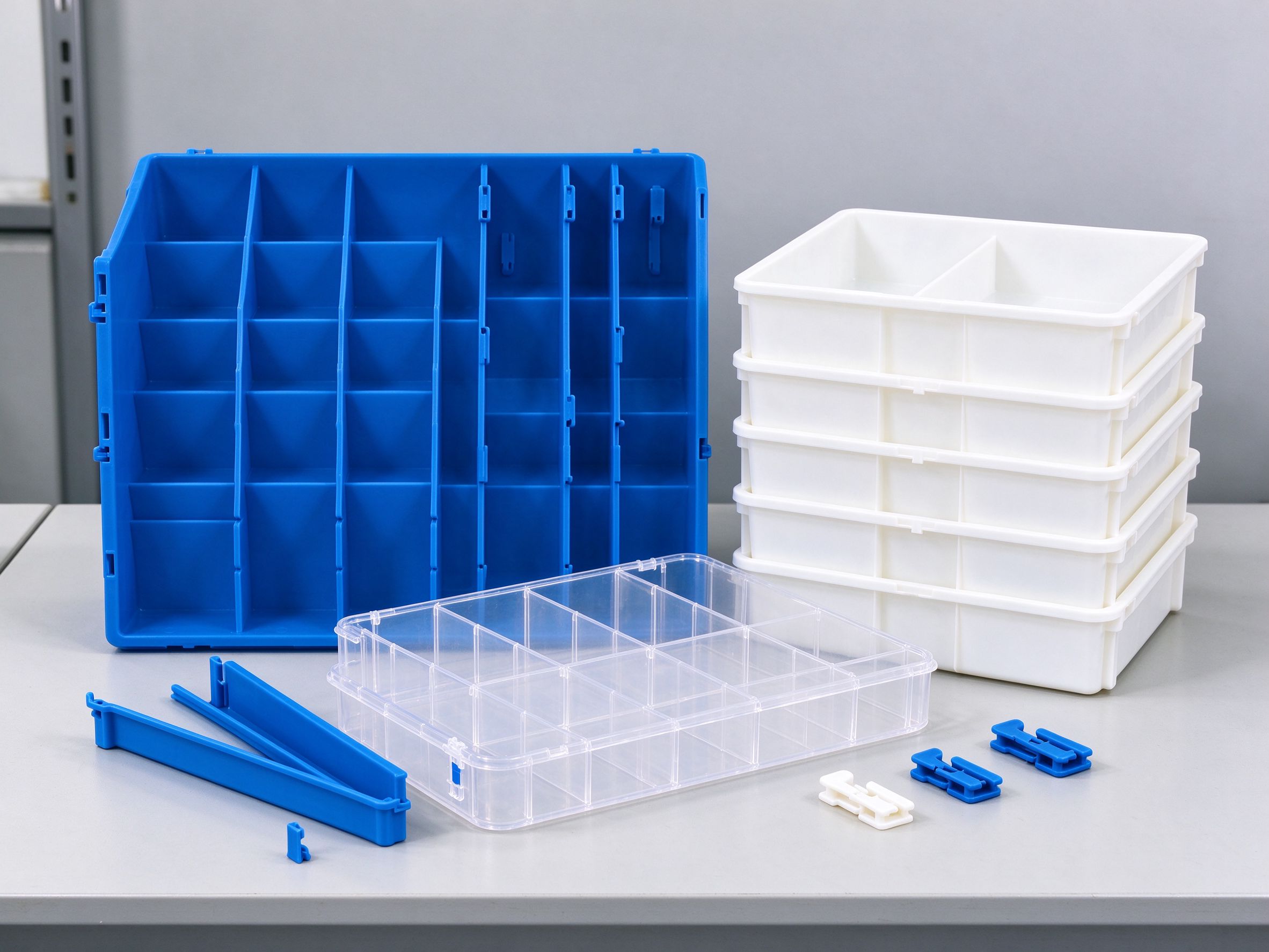 Molded drawer dividers, modular trays and snap-fit clips