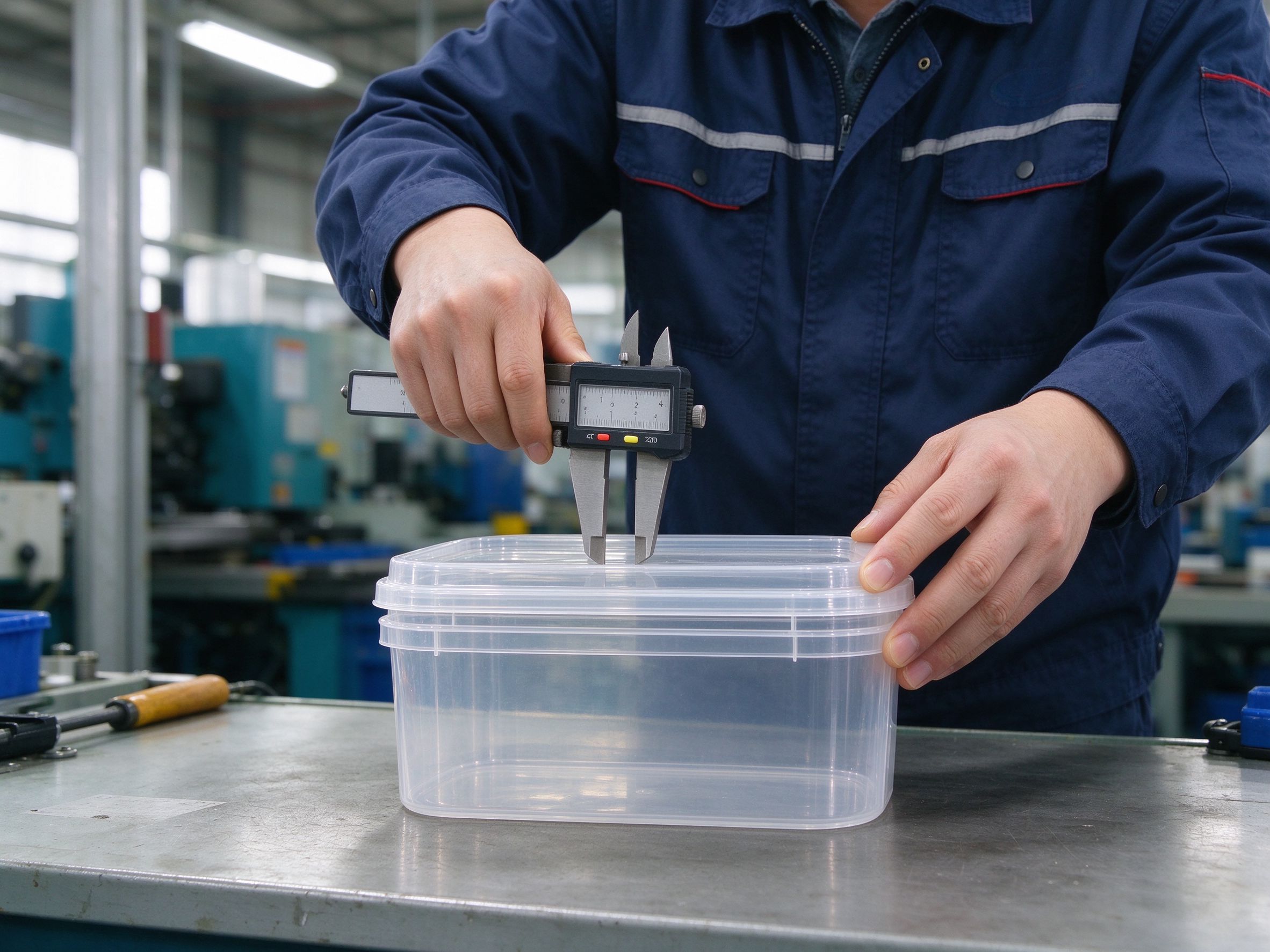 Inspector measuring the lid fit of a clear storage container