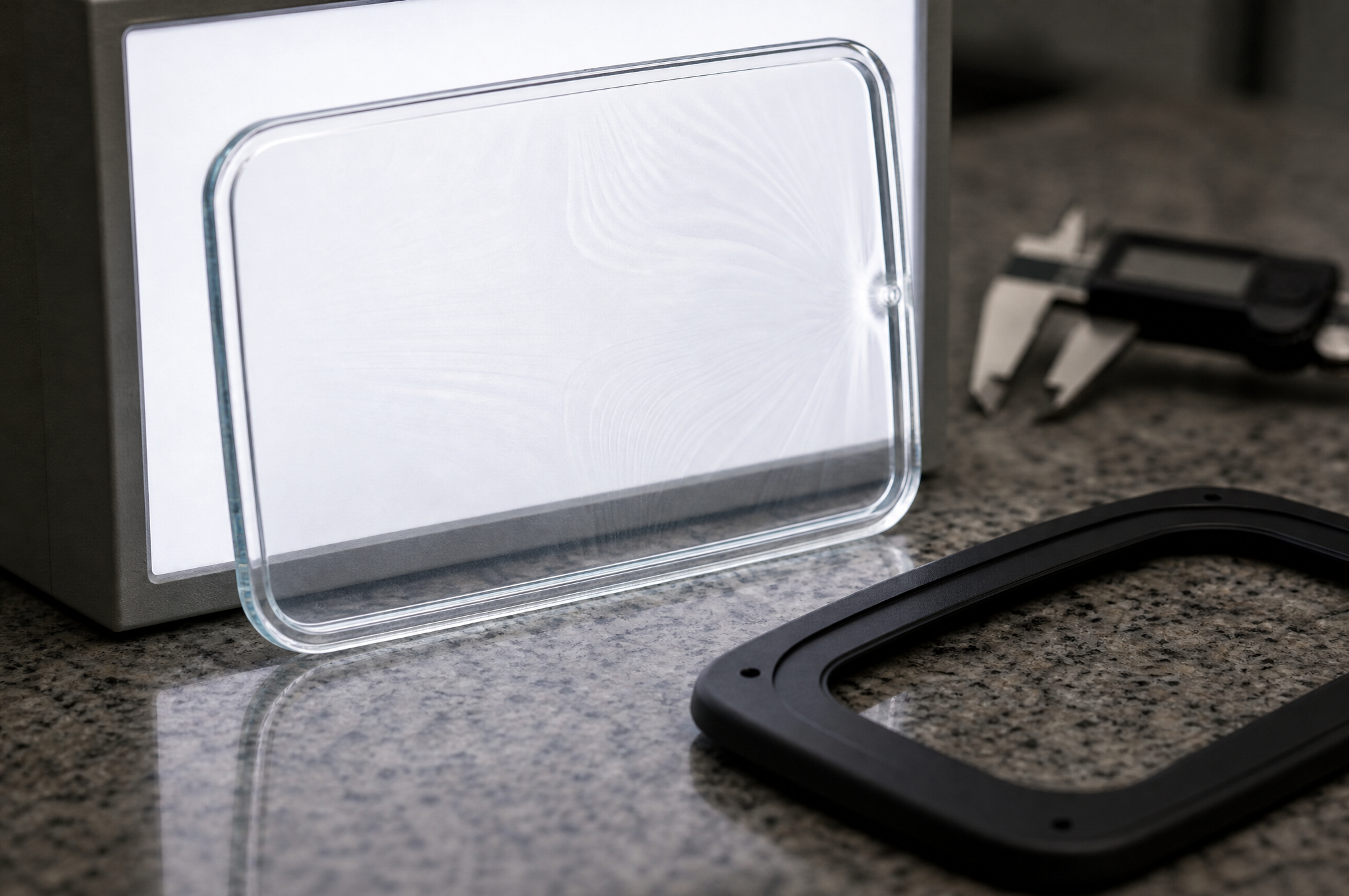 A clear polycarbonate window panel held against a light box, showing the polished optical face, the moulded edge and a faint gate area at one end, with a black PC bezel beside it on a granite bench