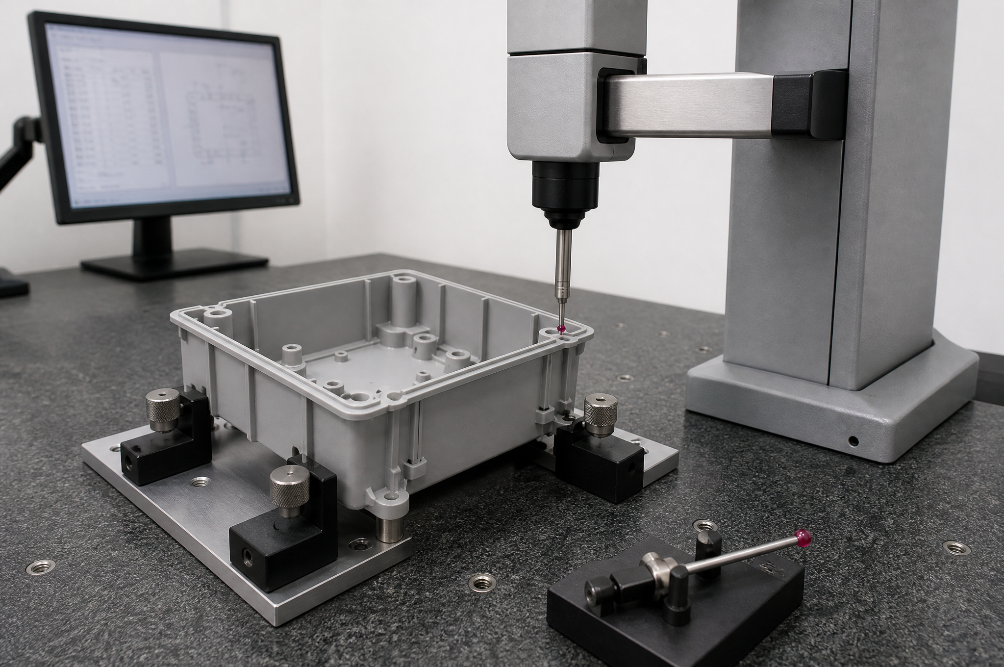 A light-grey polycarbonate enclosure half clamped in a fixture on a granite surface plate, measured by a coordinate measuring machine whose ruby ball stylus touches the rim near a corner boss, with a dimensional report on a monitor behind