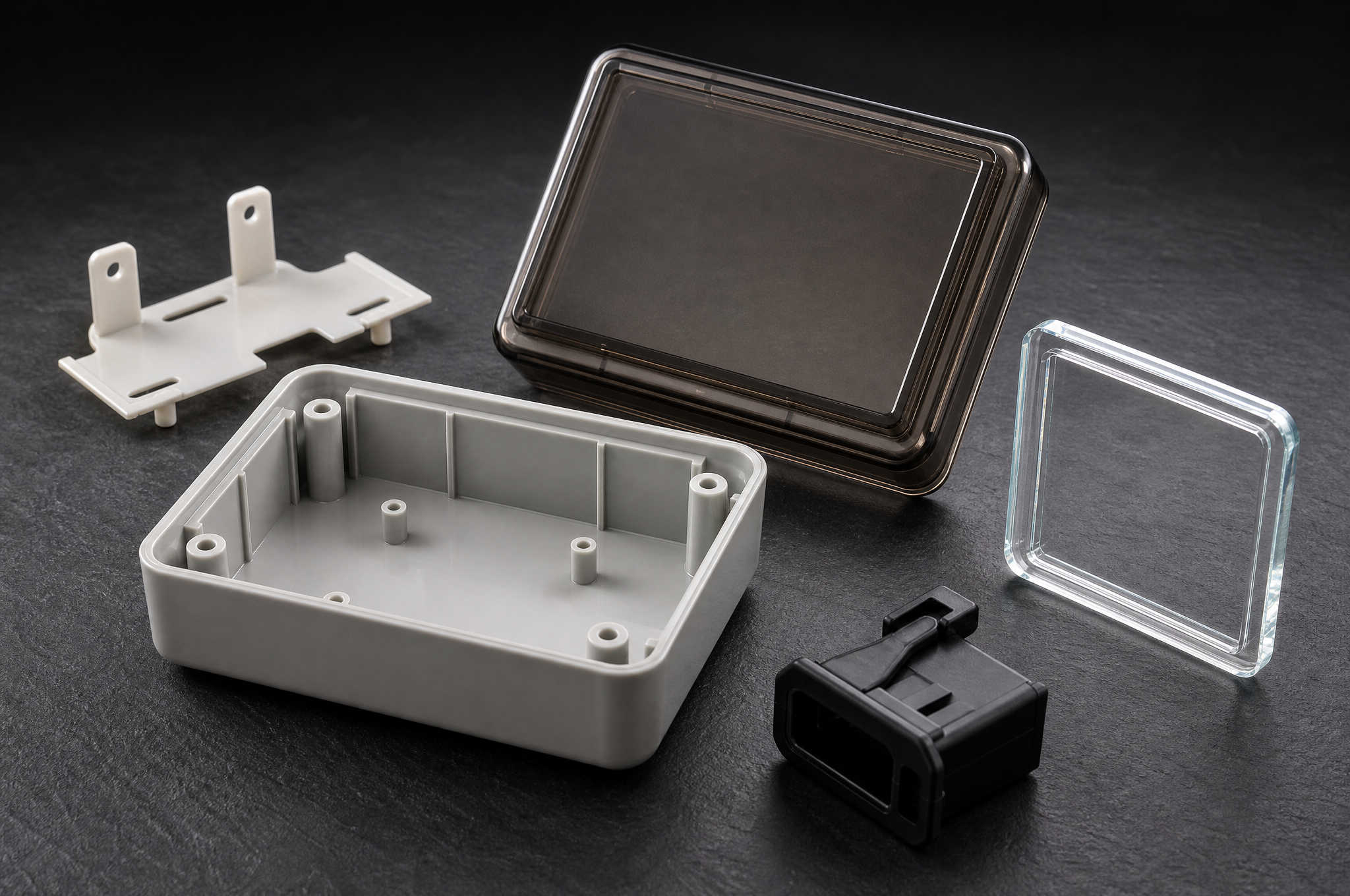 Five polycarbonate parts for electronic products on a dark surface: an opaque light-grey enclosure base with internal corner bosses and ribbed walls, a smoked-transparent cover with an inward-seating lip, a clear window panel, a black connector body and a thin internal mounting frame