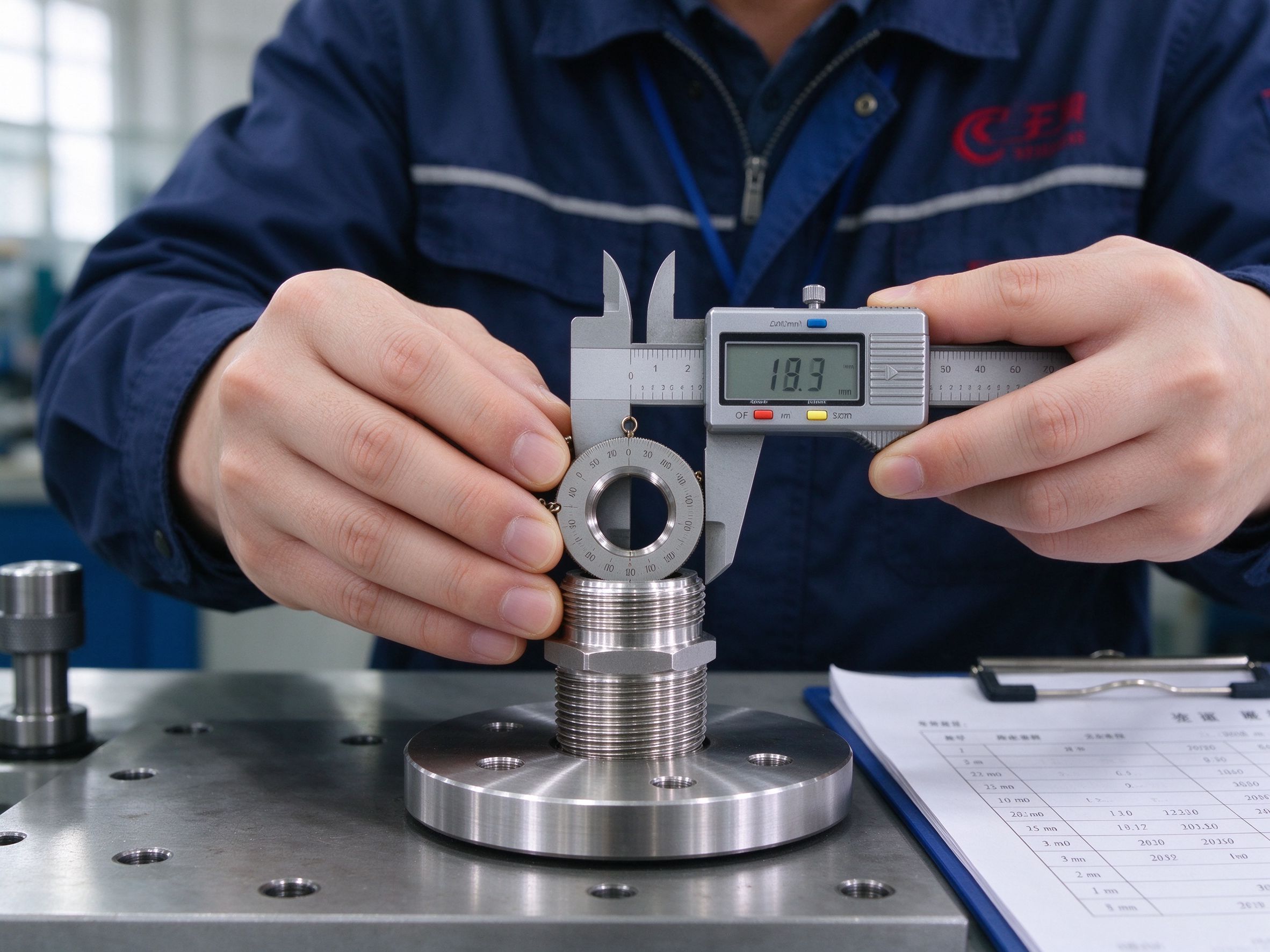 Inspector measuring a threaded fitting with caliper on inspection bench