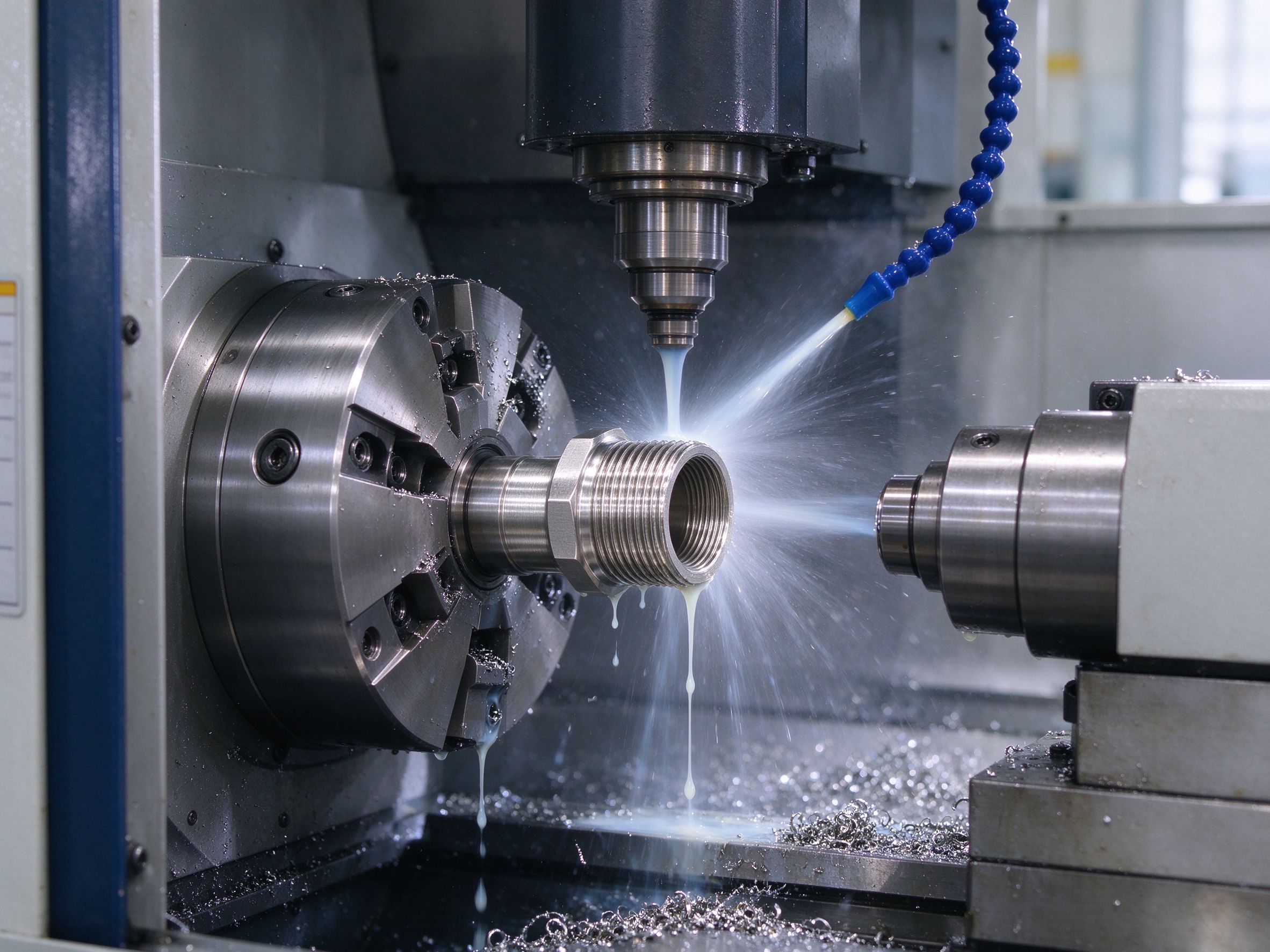 CNC turning operation on a threaded metal fitting