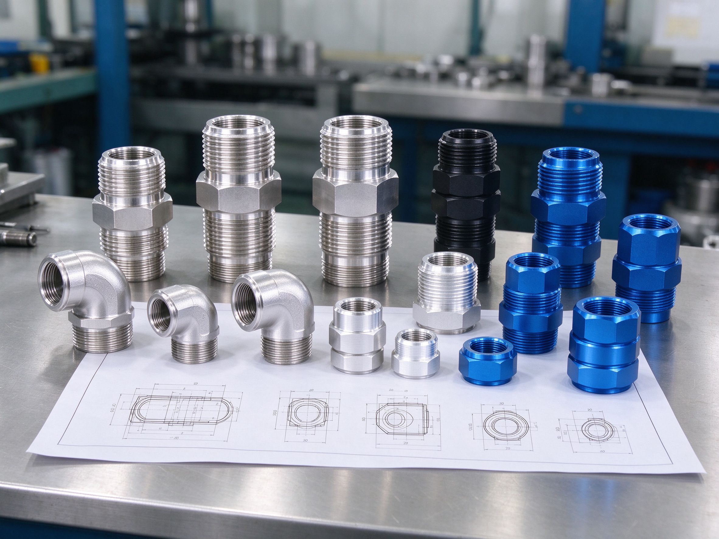 CNC-machined stainless steel and anodized aluminum threaded pipe fittings and adapters