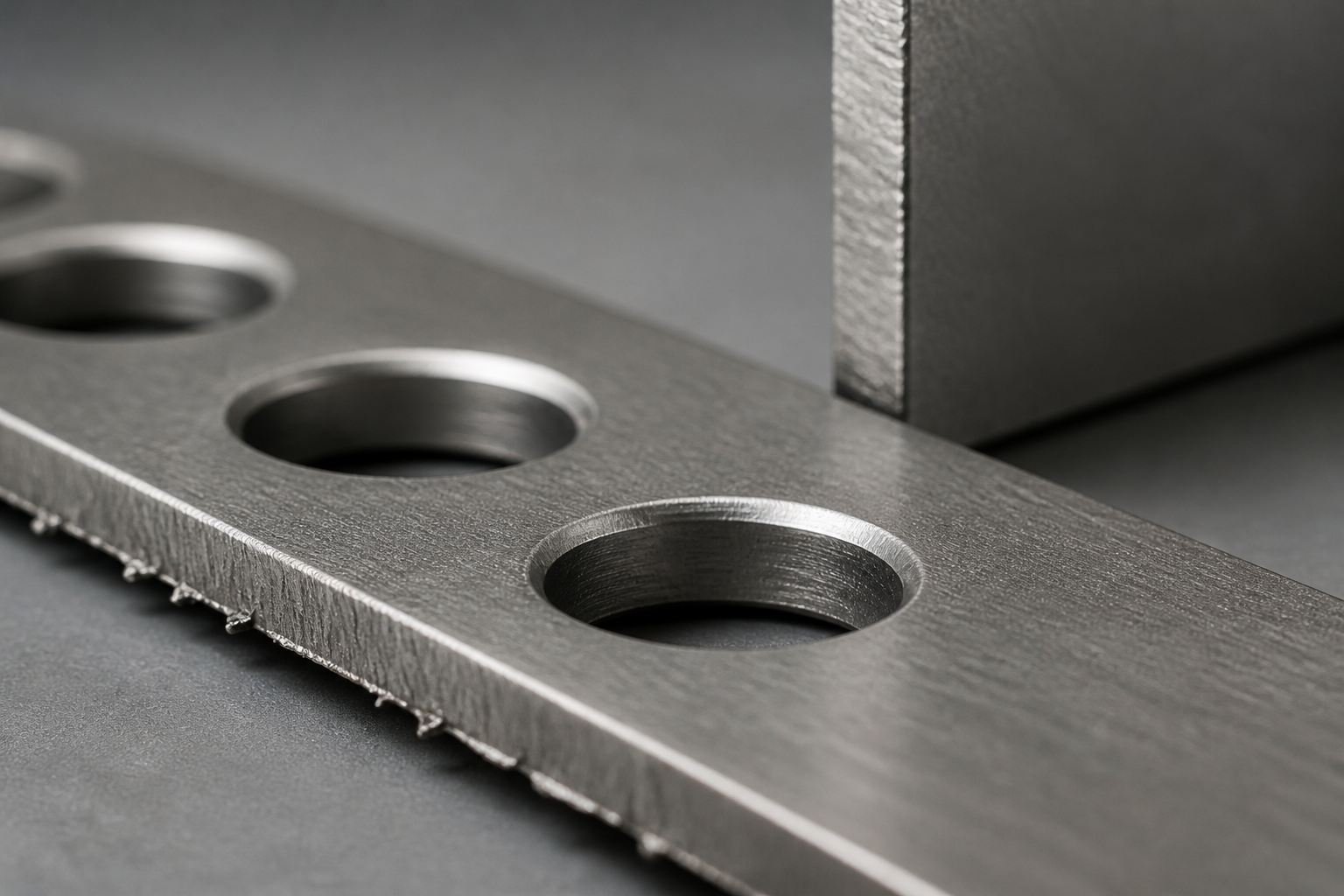 Macro view of a pierced steel strip showing the sheared edge of the holes with a rounded rollover at the entry face, a burnished band, a fractured band and a burr lip along the exit face