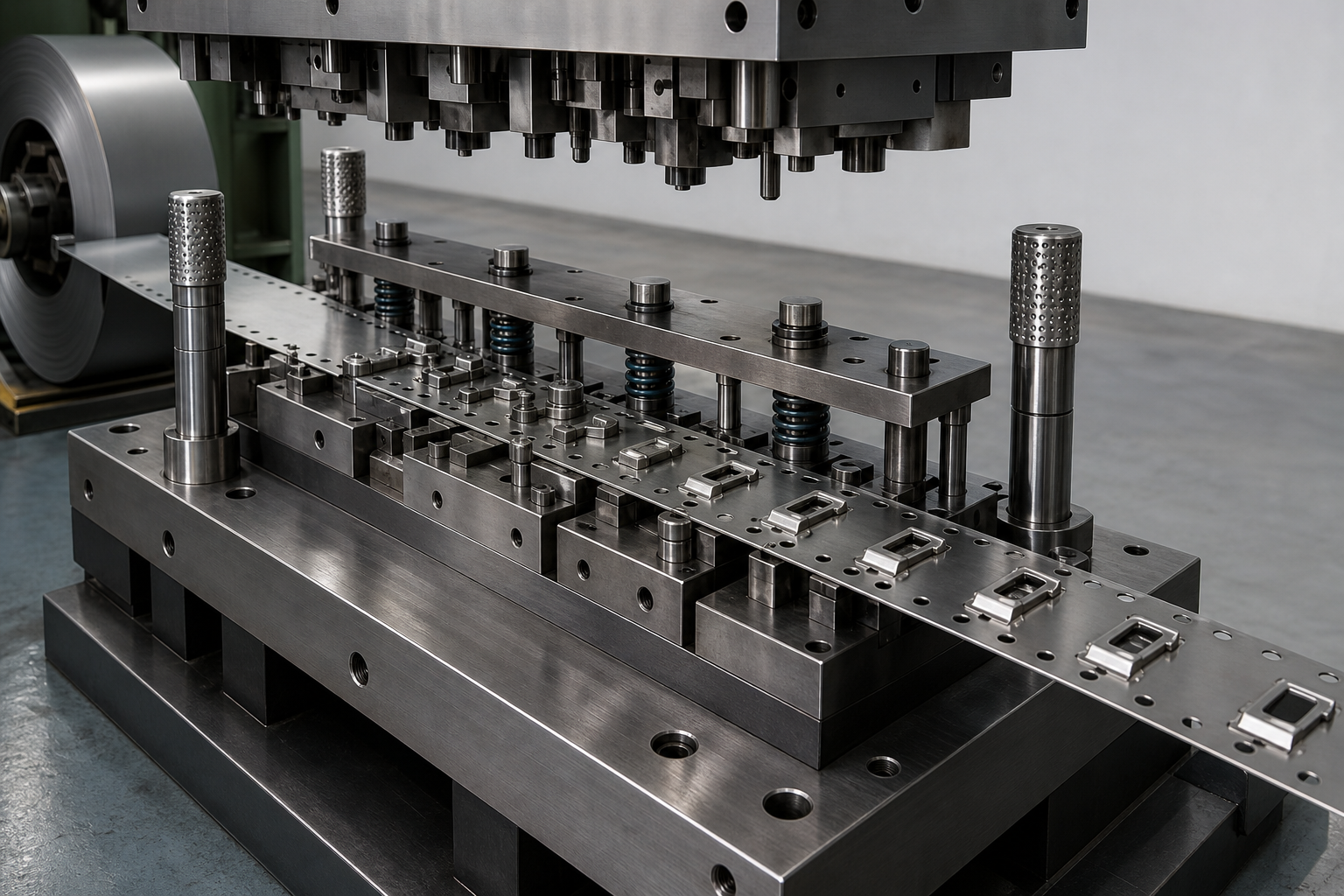 Progressive stamping die open in a press with guide pillars, a stripper plate and a coil-fed steel strip running through several stations with pilot holes and progressively formed features