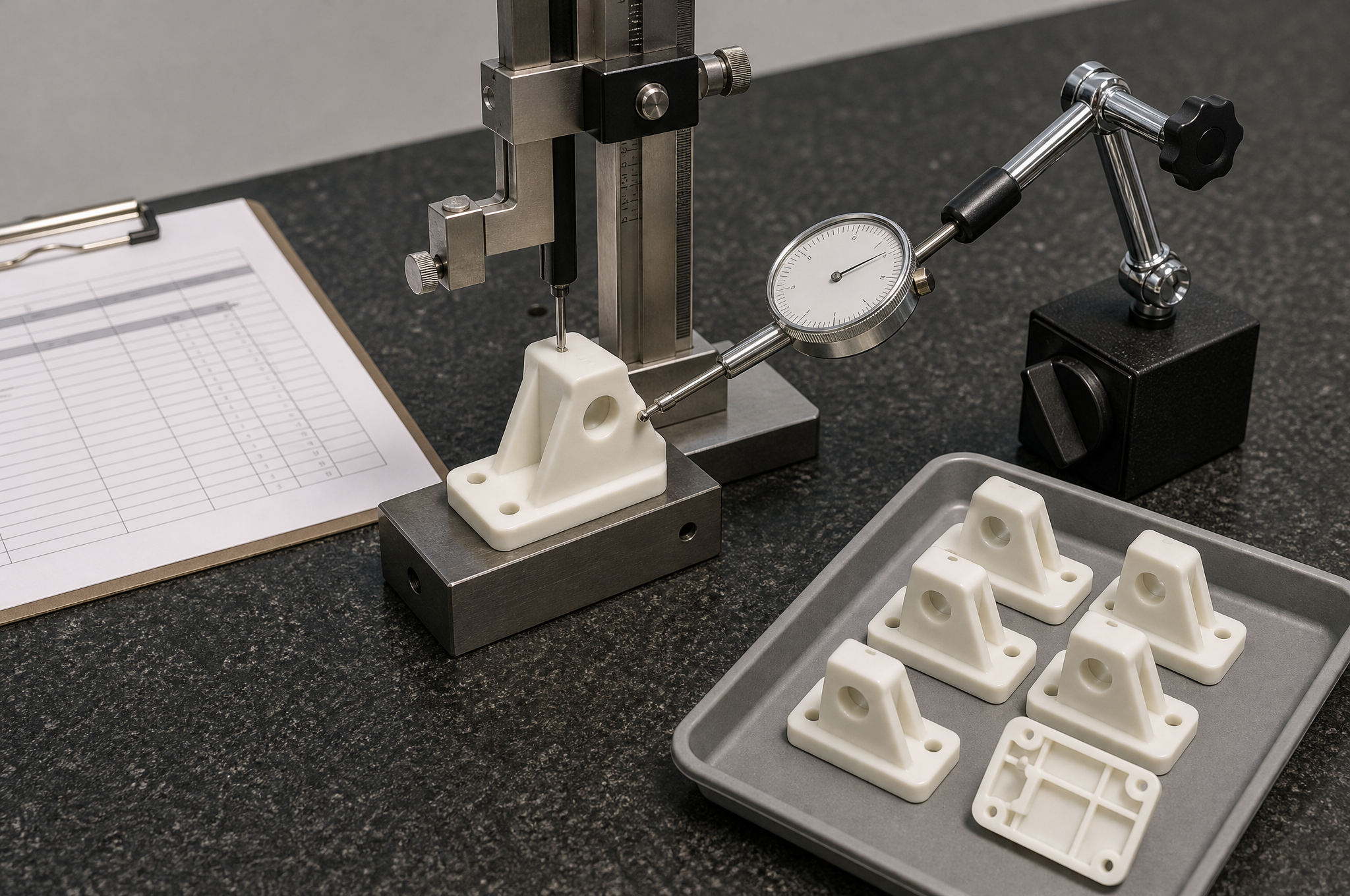 A natural-white moulded plastic bracket clamped on a fixture block on a granite surface plate, with a height gauge scriber touching its top face and a dial indicator on an articulated arm contacting a side ear, a shallow tray of identical parts beside it and an inspection sheet on a clipboard