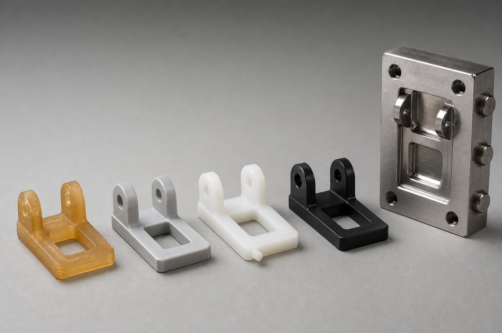 The same plastic bracket at five stages on a grey surface: a layered 3D-printed prototype in translucent amber, a machined prototype in opaque grey, a first-shot moulded sample in natural resin with visible gate vestige, an approved production part in black, and the polished steel cavity insert that made it