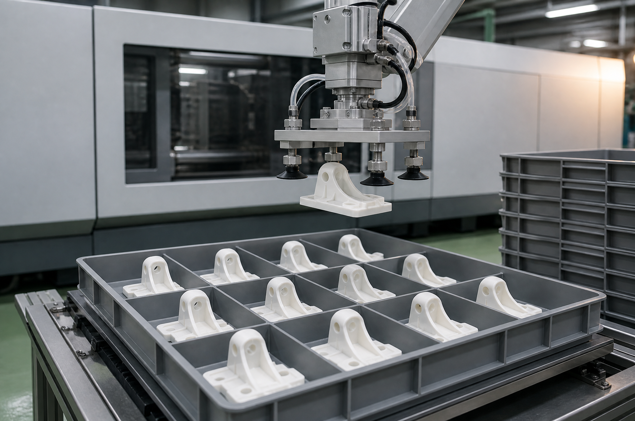 A take-out robot's vacuum end-of-arm tool lowering a freshly moulded natural-white bracket into a compartmented grey tray that already holds thirteen identical parts, with a stack of empty trays and a blank-panelled moulding machine behind